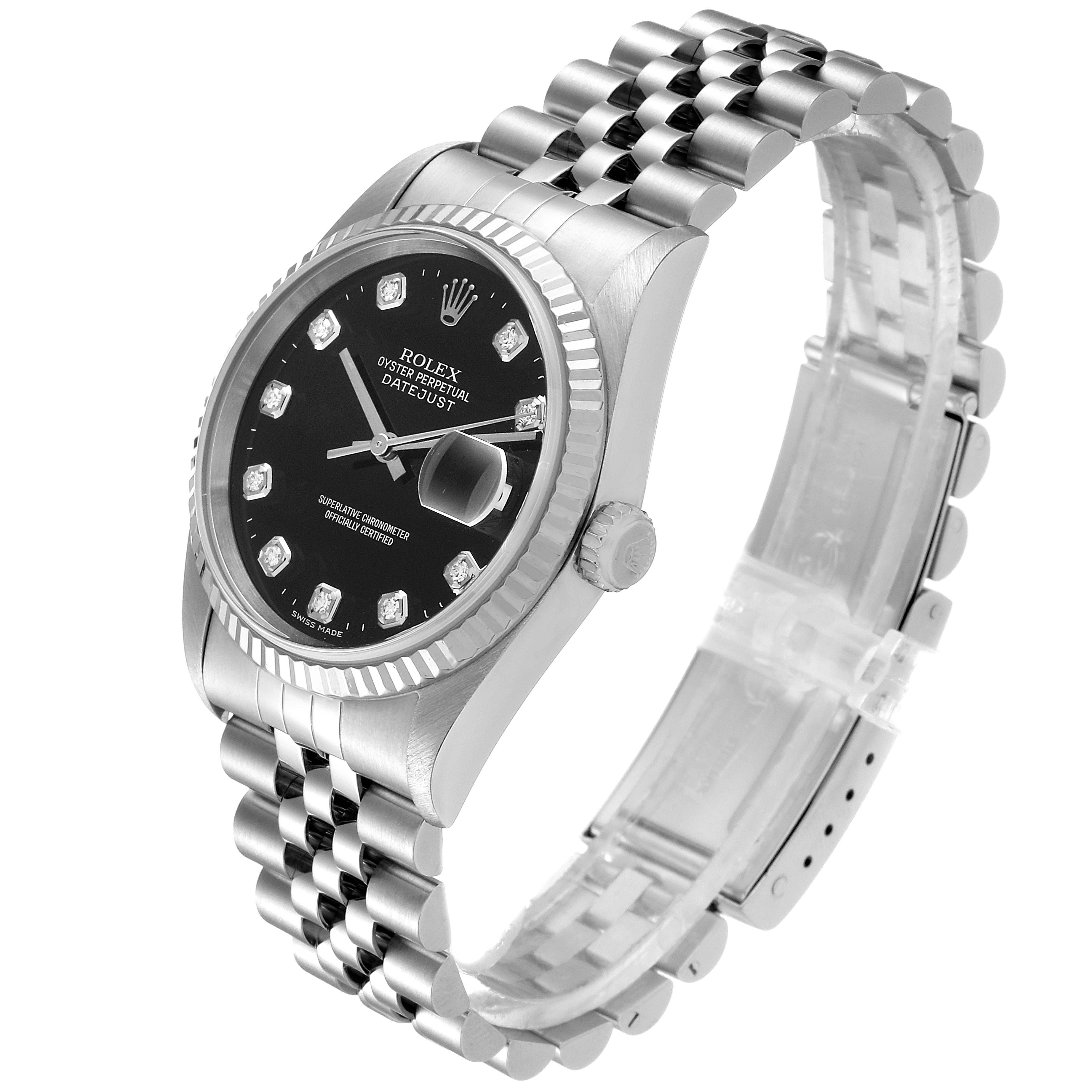 The Rolex Datejust 16234 Men's Stainless Steel Black Dial 16234 Men's Stainless Steel Black Dial watch is shown at a three-quarter angle, displaying the dial, bezel, crown, and band.