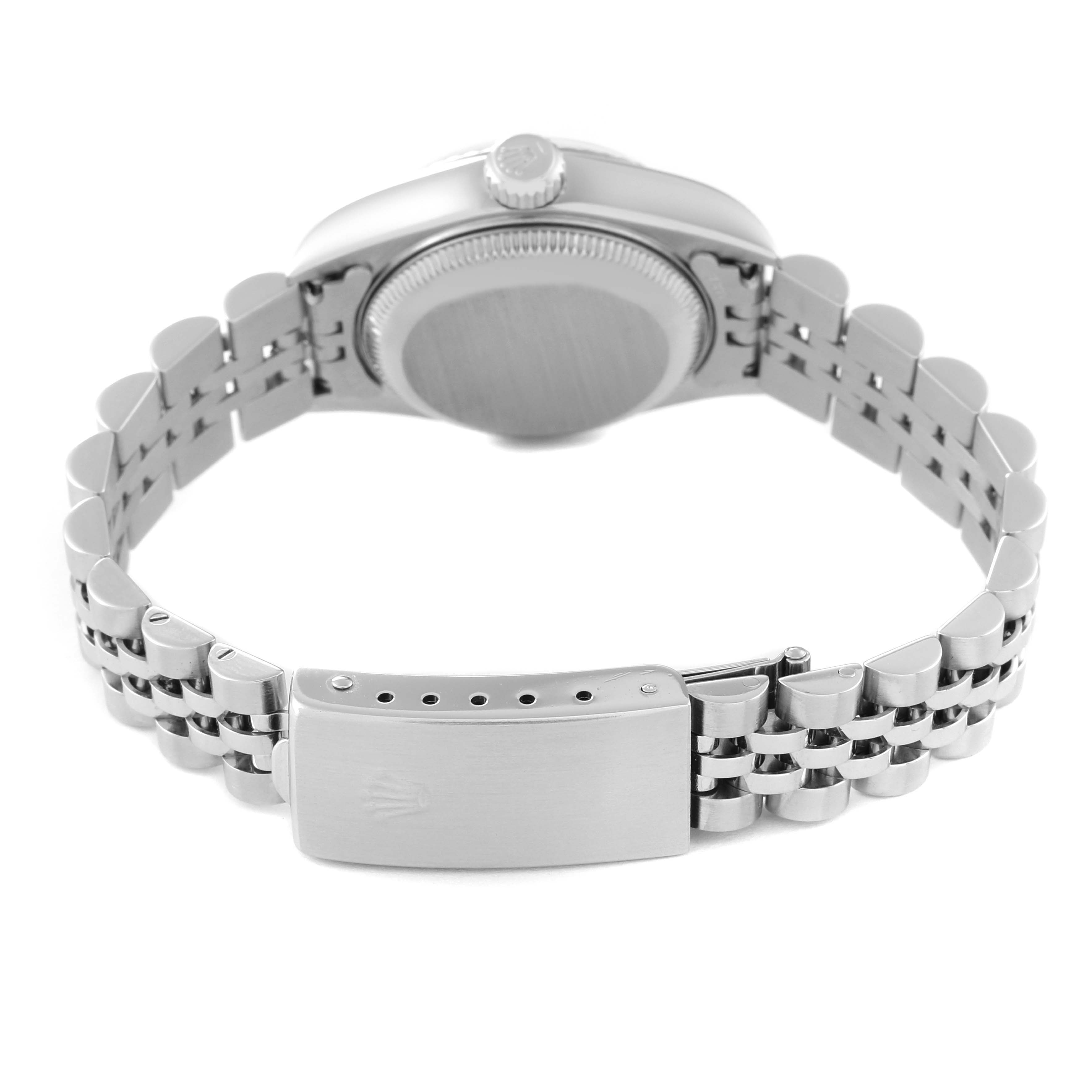 This image shows the back of a Rolex Datejust 79174 Women's Stainless Steel Silver Dial 79174 Women's Stainless Steel Silver Dial watch, highlighting the case back and the bracelet with clasp.