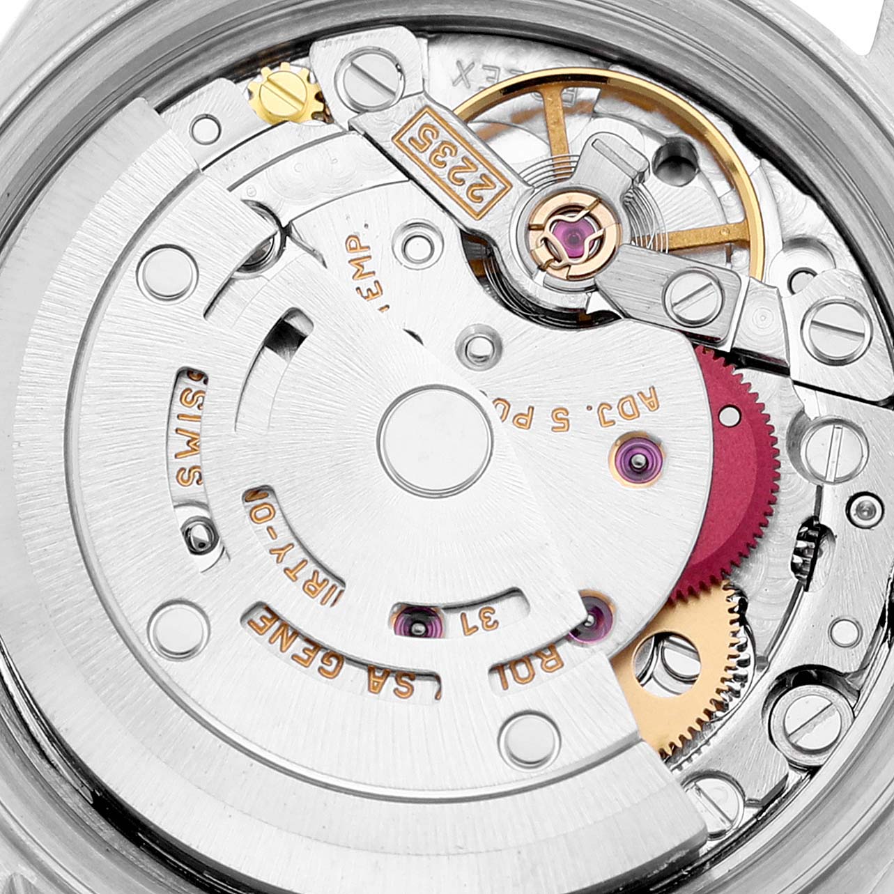 The image shows the intricate mechanical movement and rotor of a Rolex Datejust 79174 Women's Stainless Steel Silver Dial 79174 Women's Stainless Steel Silver Dial watch from a close-up, top-down angle.