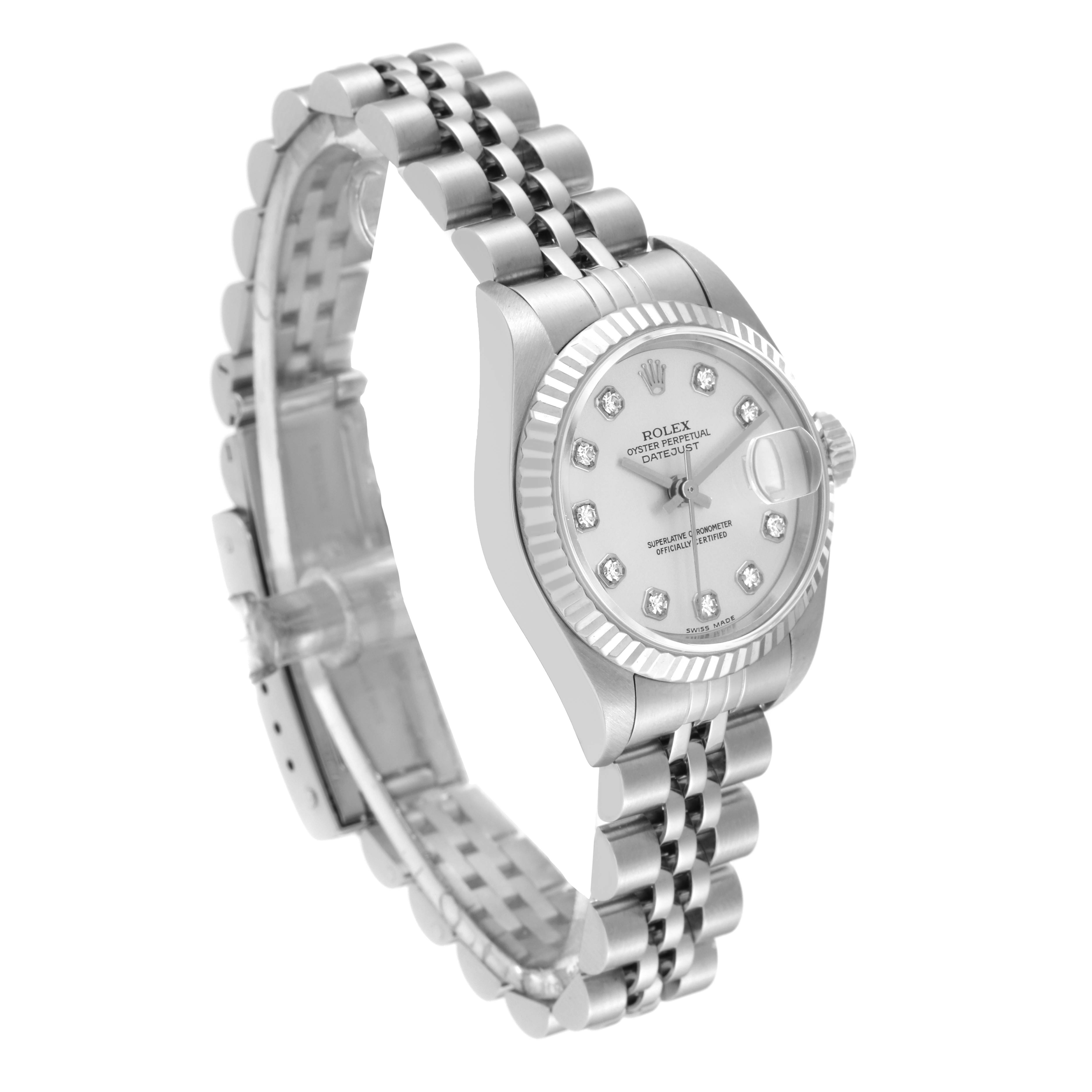 The image shows a Rolex Datejust 79174 Women's Stainless Steel Silver Dial 79174 Women's Stainless Steel Silver Dial watch, angled from the front left, highlighting the dial, bezel, and bracelet.