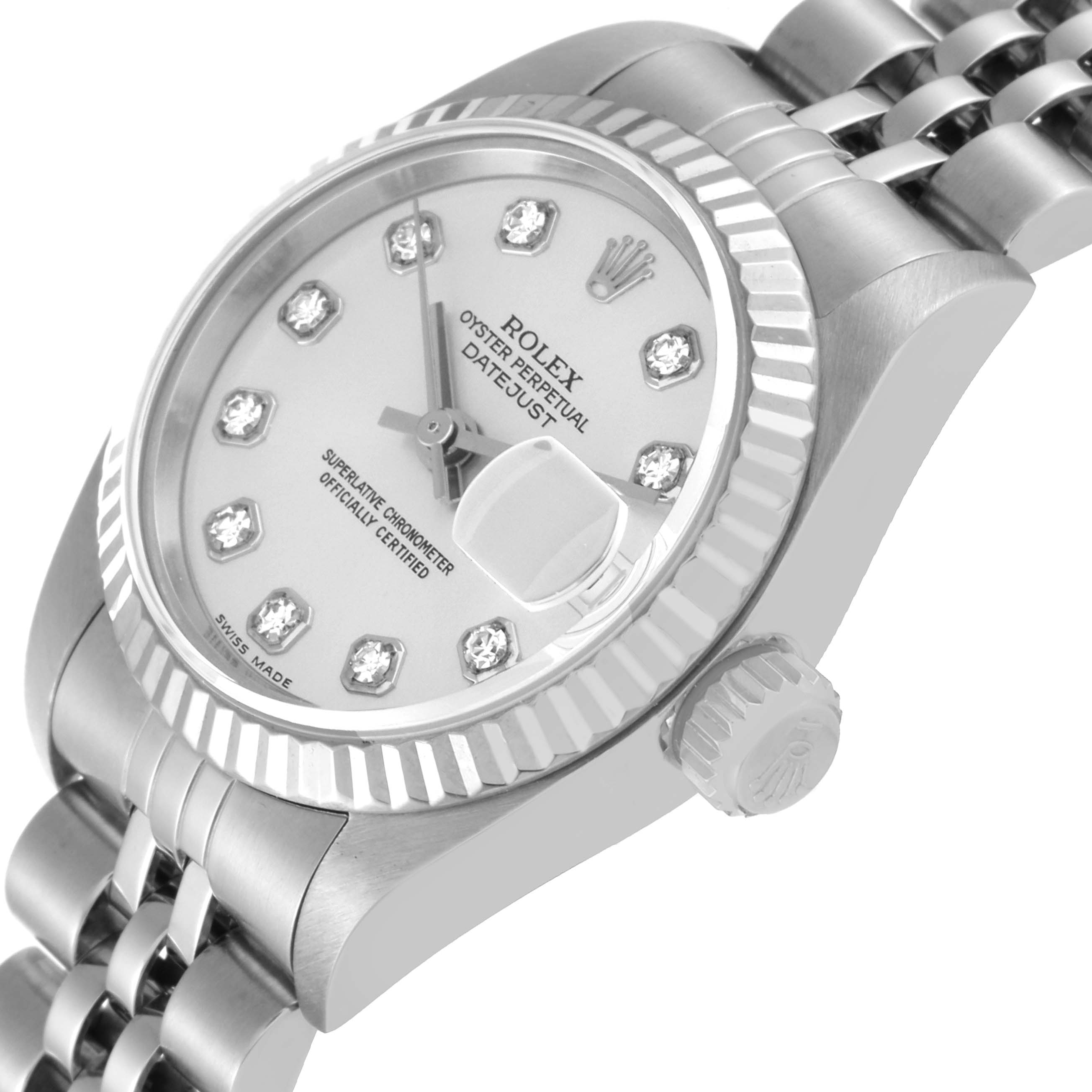 The image shows a Rolex Datejust 79174 Women's Stainless Steel Silver Dial 79174 Women's Stainless Steel Silver Dial watch at an angled side view, highlighting the dial, bezel, crown, and part of the bracelet.