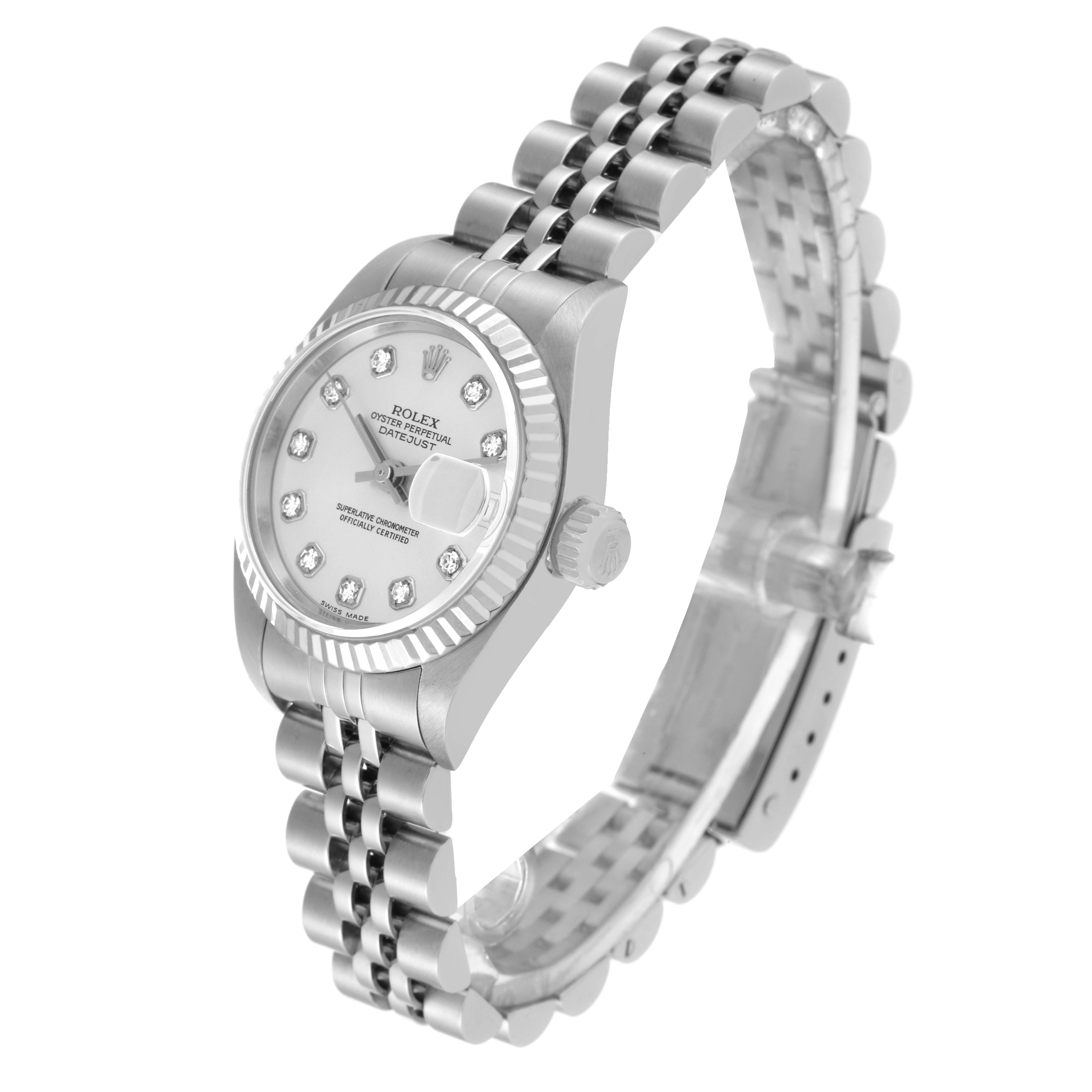 The image shows a full view of the Rolex Datejust 79174 Women's Stainless Steel Silver Dial 79174 Women's Stainless Steel Silver Dial watch from an angled perspective, featuring the dial, bezel, crown, and bracelet.