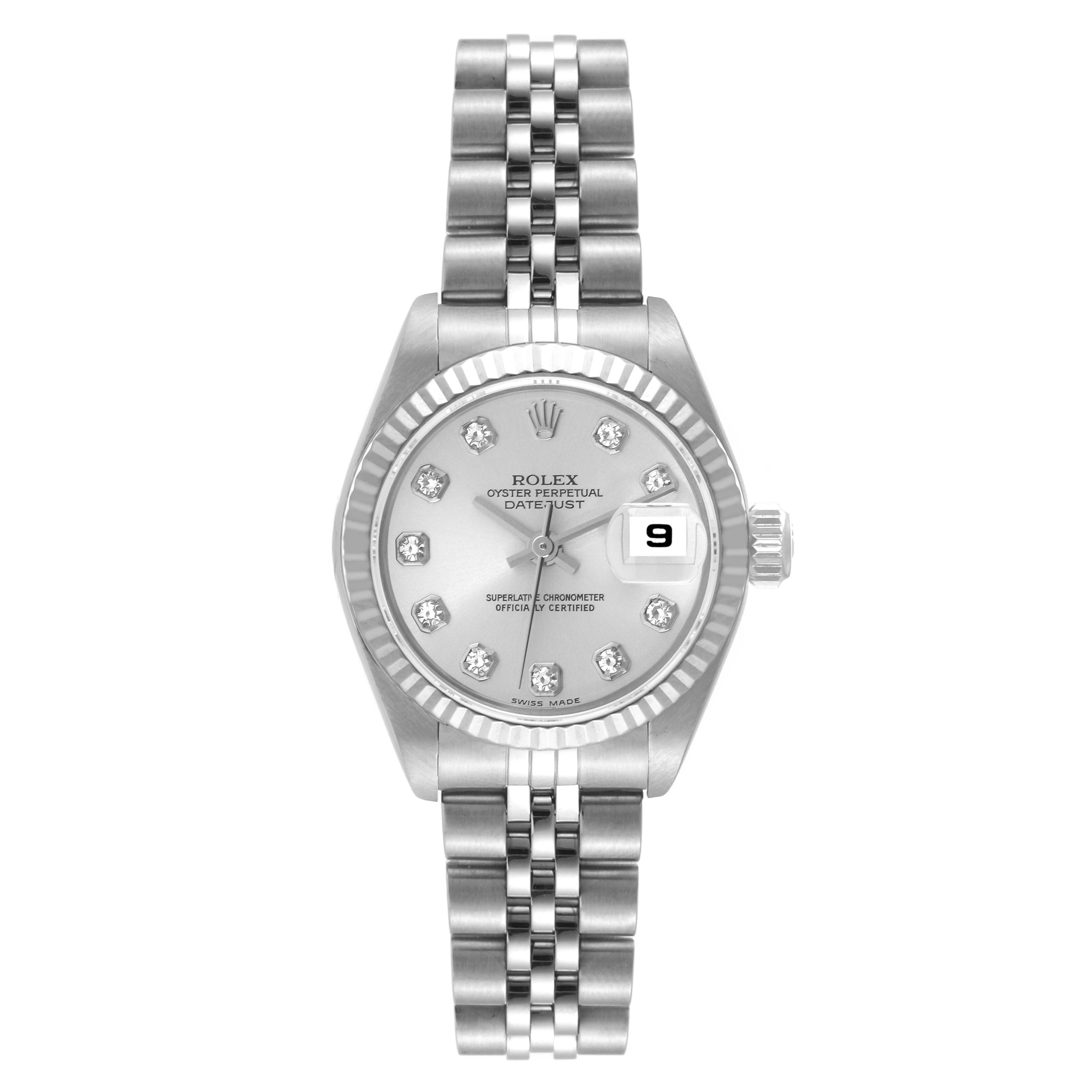 This image shows a front view of a Rolex Datejust 79174 Women's Stainless Steel Silver Dial 79174 Women's Stainless Steel Silver Dial watch, displaying its dial, case, bezel, and bracelet.