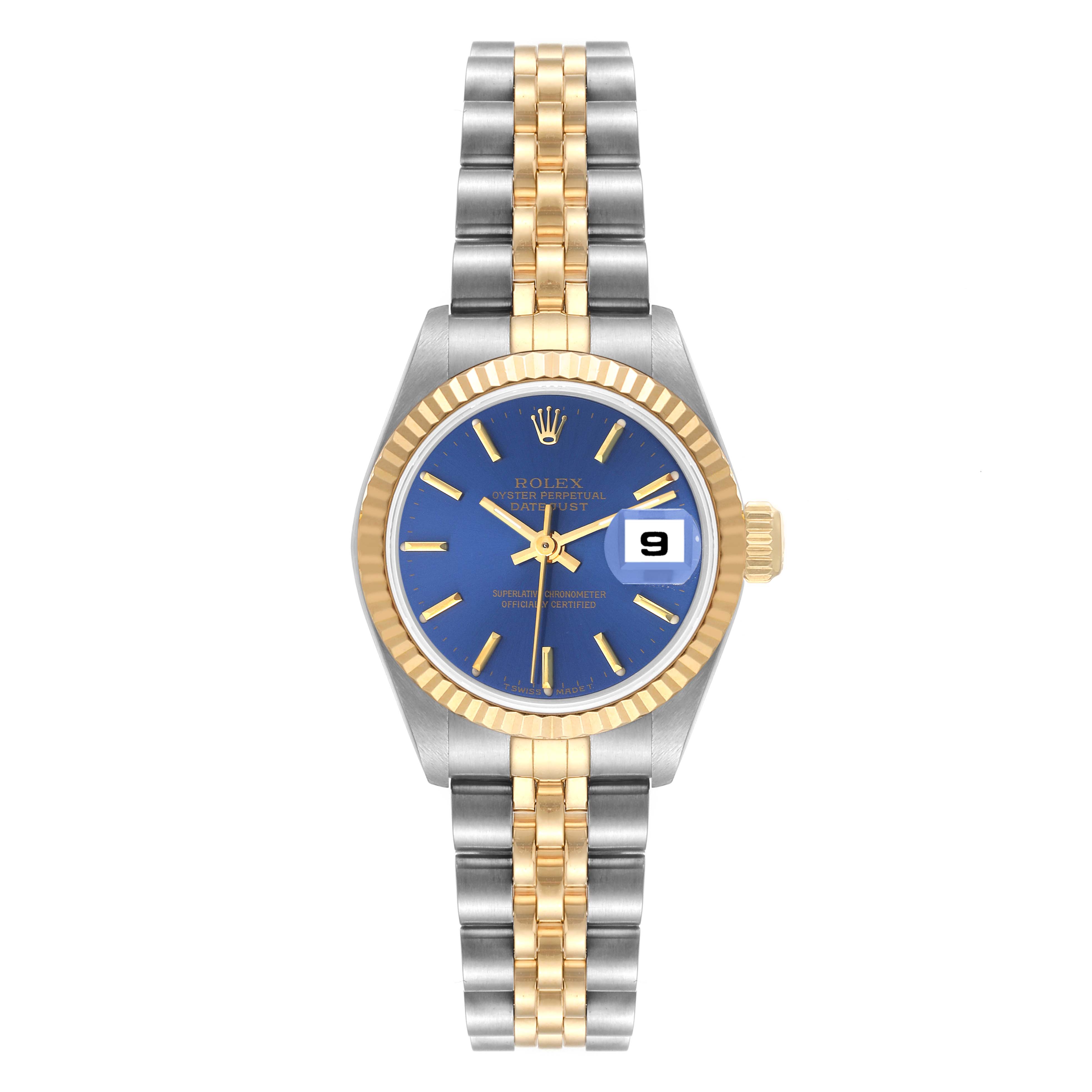 The image shows a front view of a Rolex Datejust 69173 Women's Steel and Gold (two tone) Blue Dial 69173 Women's Steel and Gold (two tone) Blue Dial watch, highlighting its blue dial, two-tone bracelet, and fluted bezel.