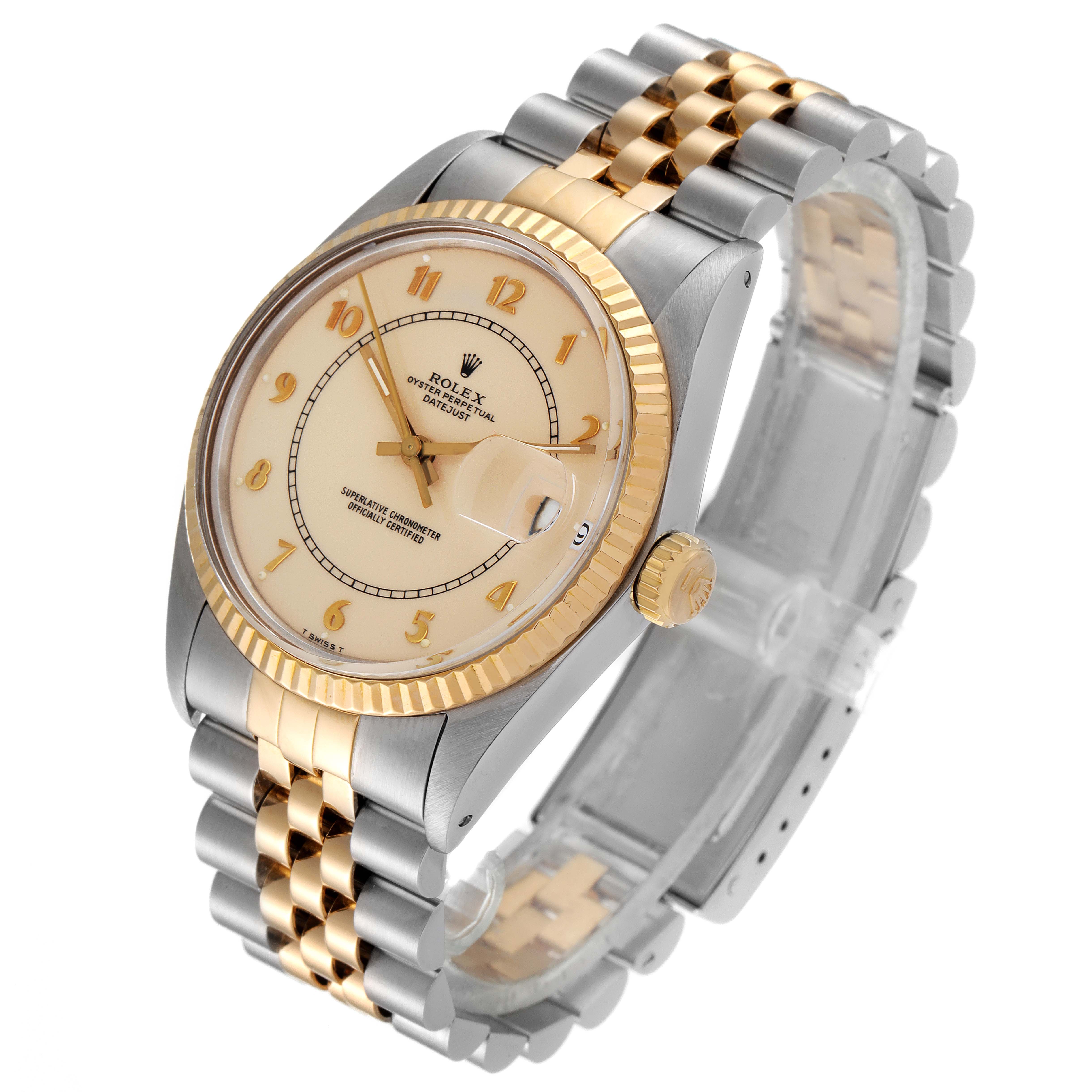 This image shows a Rolex Vintage Collection 16013 Men's Steel and Gold (two tone) Beige Dial 16013 Men's Steel and Gold (two tone) Beige Dial watch, displaying the face, bezel, crown, and two-tone jubilee bracelet at a slight side angle.
