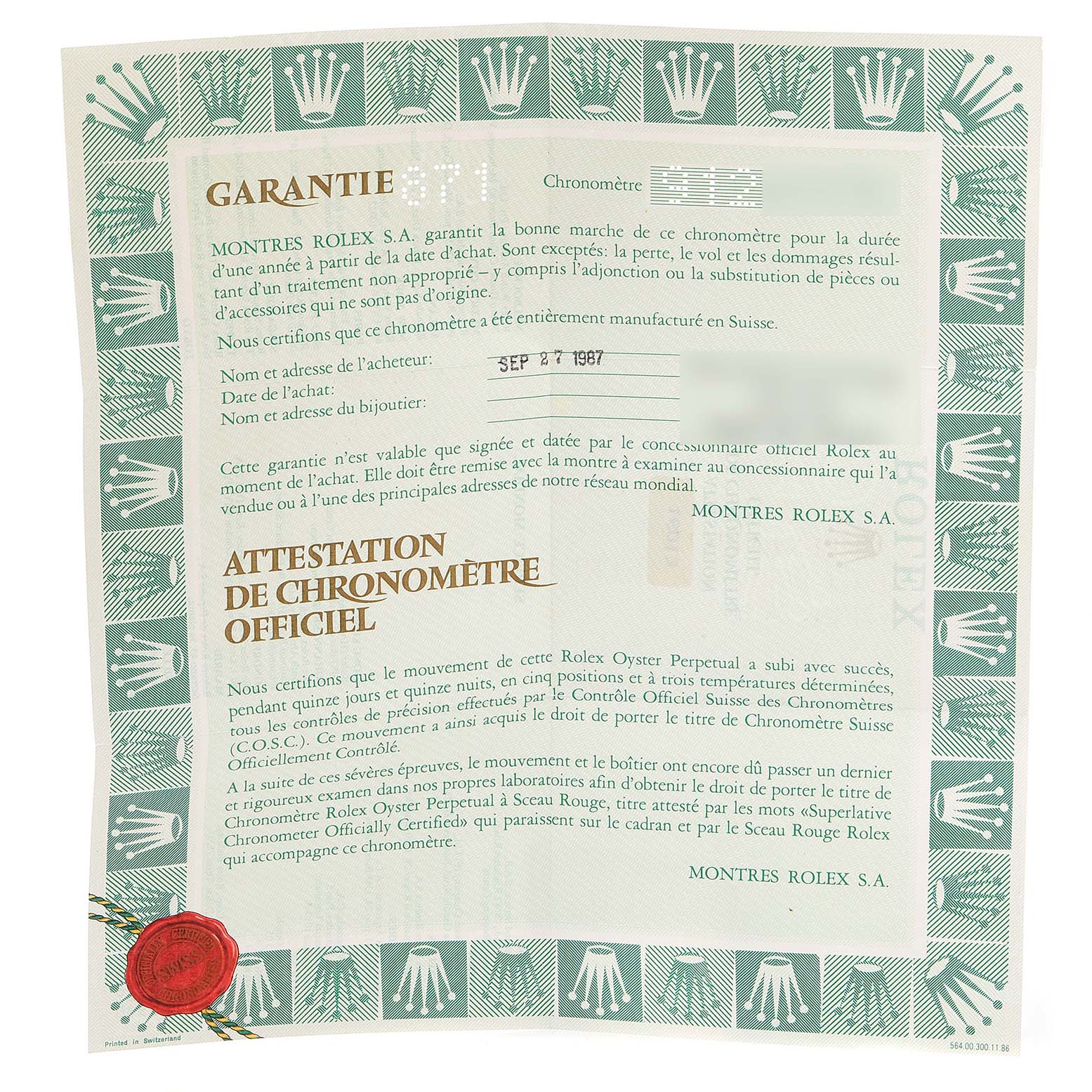 The image shows the official guarantee and chronometer certificate for the Rolex Vintage Collection 16013 Men's Steel and Gold (two tone) Beige Dial 16013 Men's Steel and Gold (two tone) Beige Dial watch model, dated September 27, 1987.