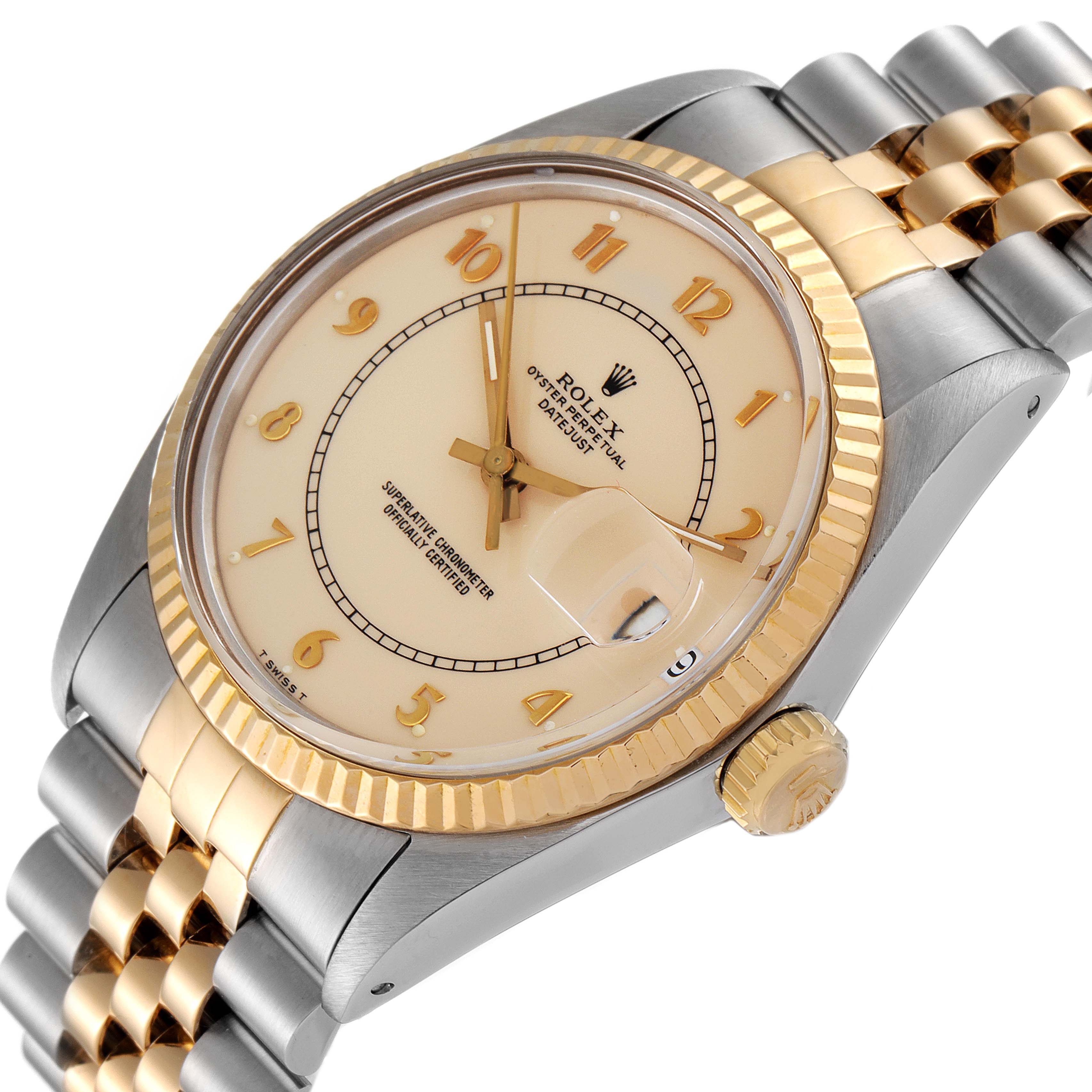 The image shows a close-up, angled view of a Rolex Vintage Collection 16013 Men's Steel and Gold (two tone) Beige Dial 16013 Men's Steel and Gold (two tone) Beige Dial watch, highlighting the face, bezel, crown, and bracelet.