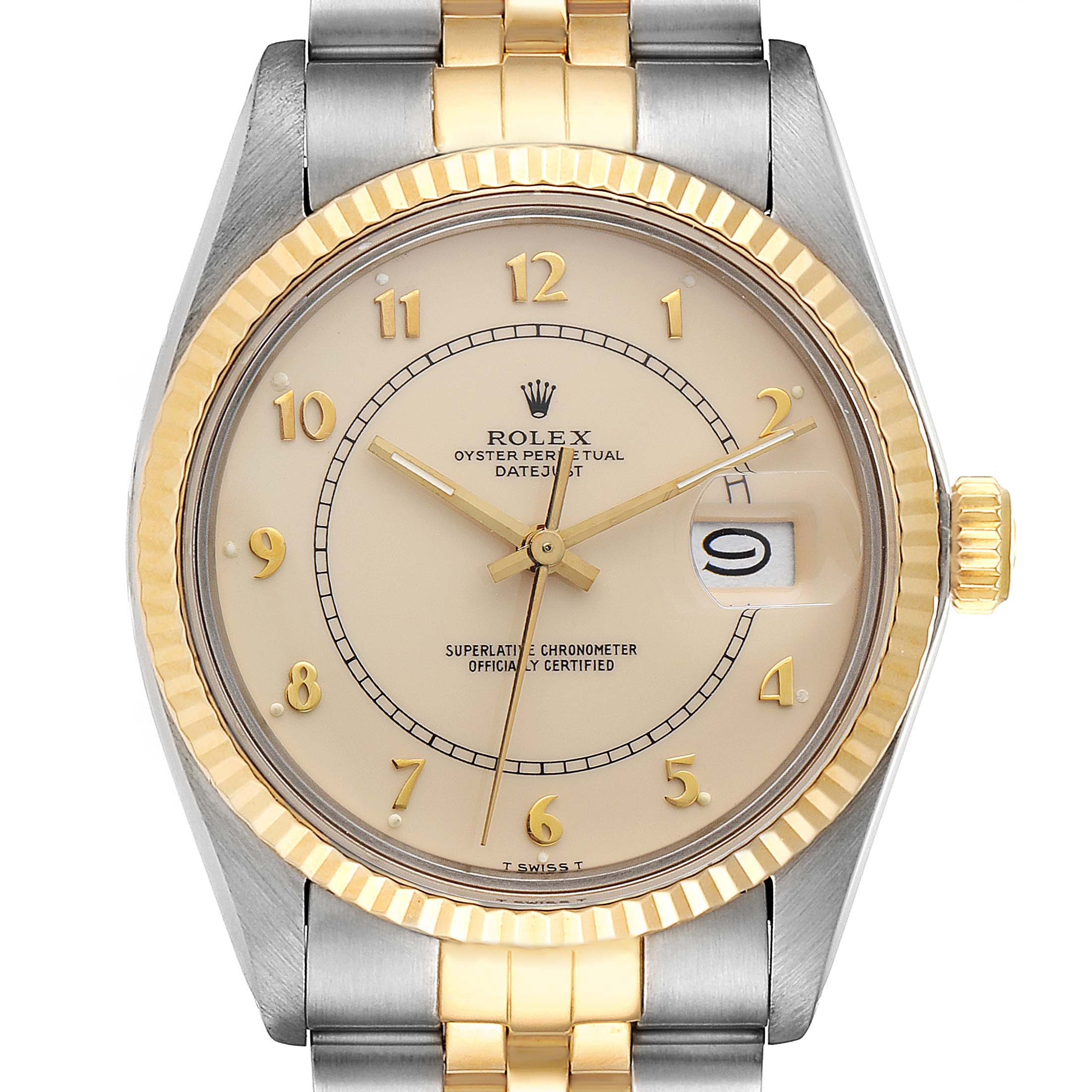 This is a front view of a Rolex Vintage Collection 16013 Men's Steel and Gold (two tone) Beige Dial 16013 Men's Steel and Gold (two tone) Beige Dial watch, showing its dial, bezel, crown, and bracelet.