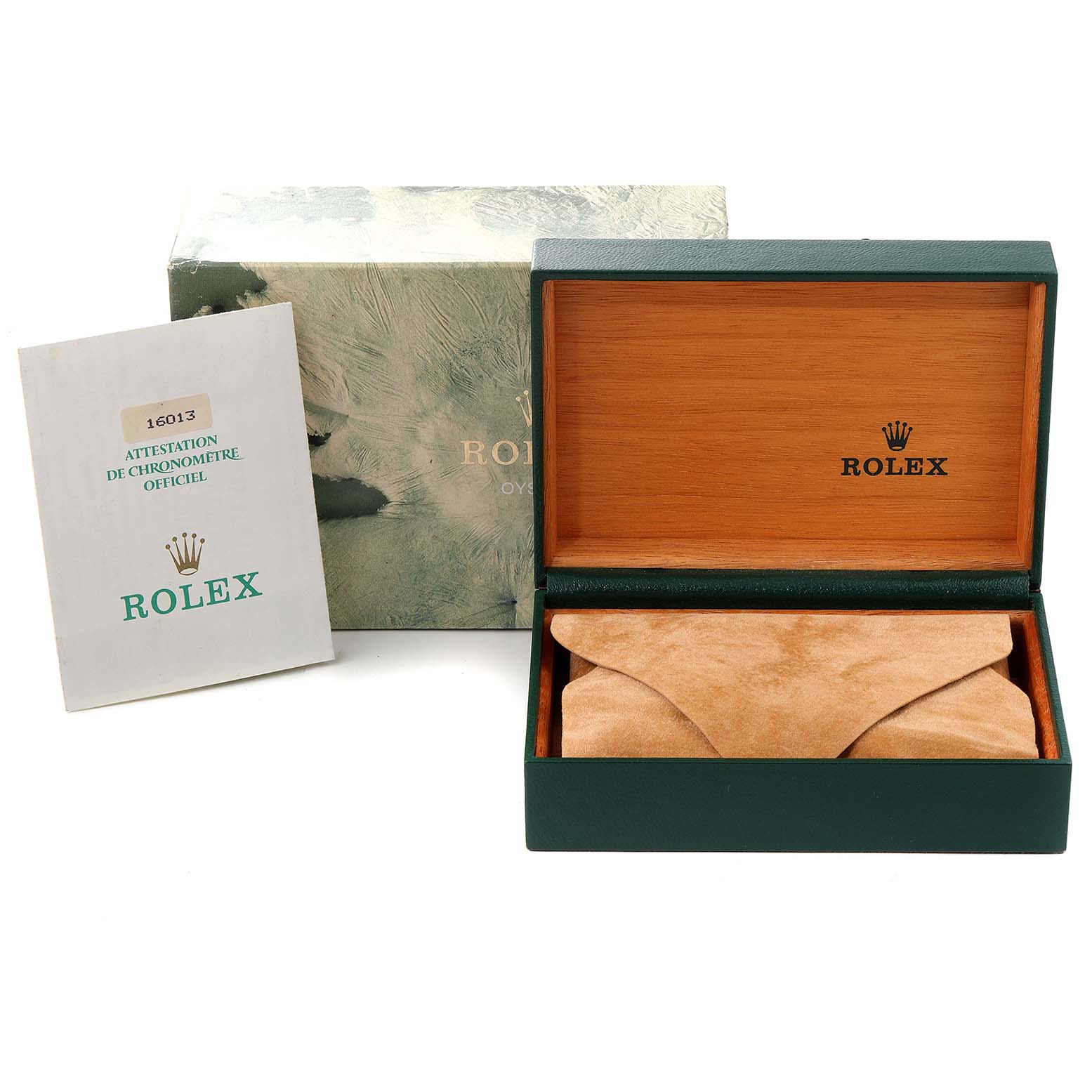 The image shows the packaging, inner box, and manual for the Rolex Vintage Collection 16013 Men's Steel and Gold (two tone) Beige Dial 16013 Men's Steel and Gold (two tone) Beige Dial model, with the box lid open.