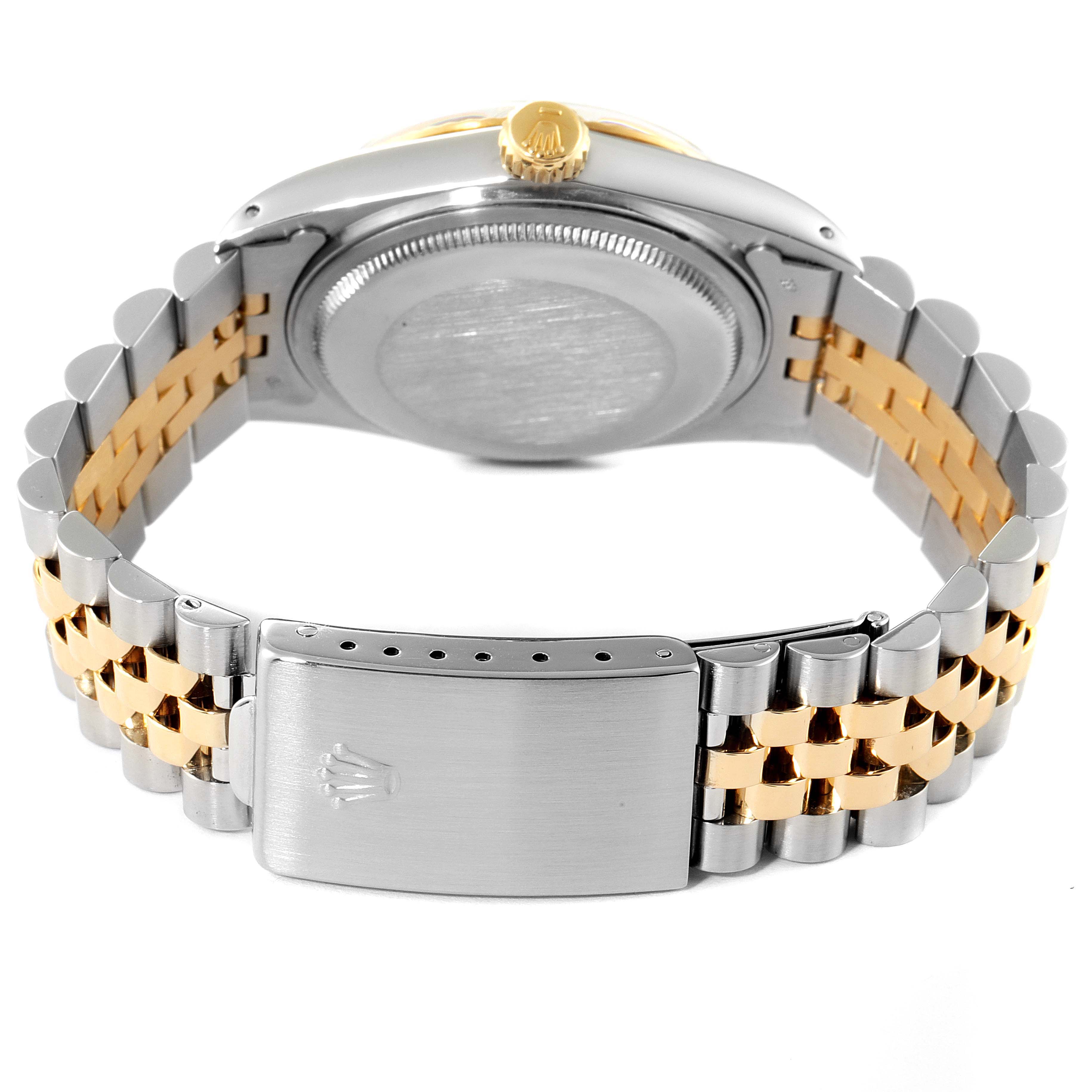 The image shows the back view of a Rolex Vintage Collection 16013 Men's Steel and Gold (two tone) Beige Dial 16013 Men's Steel and Gold (two tone) Beige Dial model, displaying the clasp, bracelet, and case back.