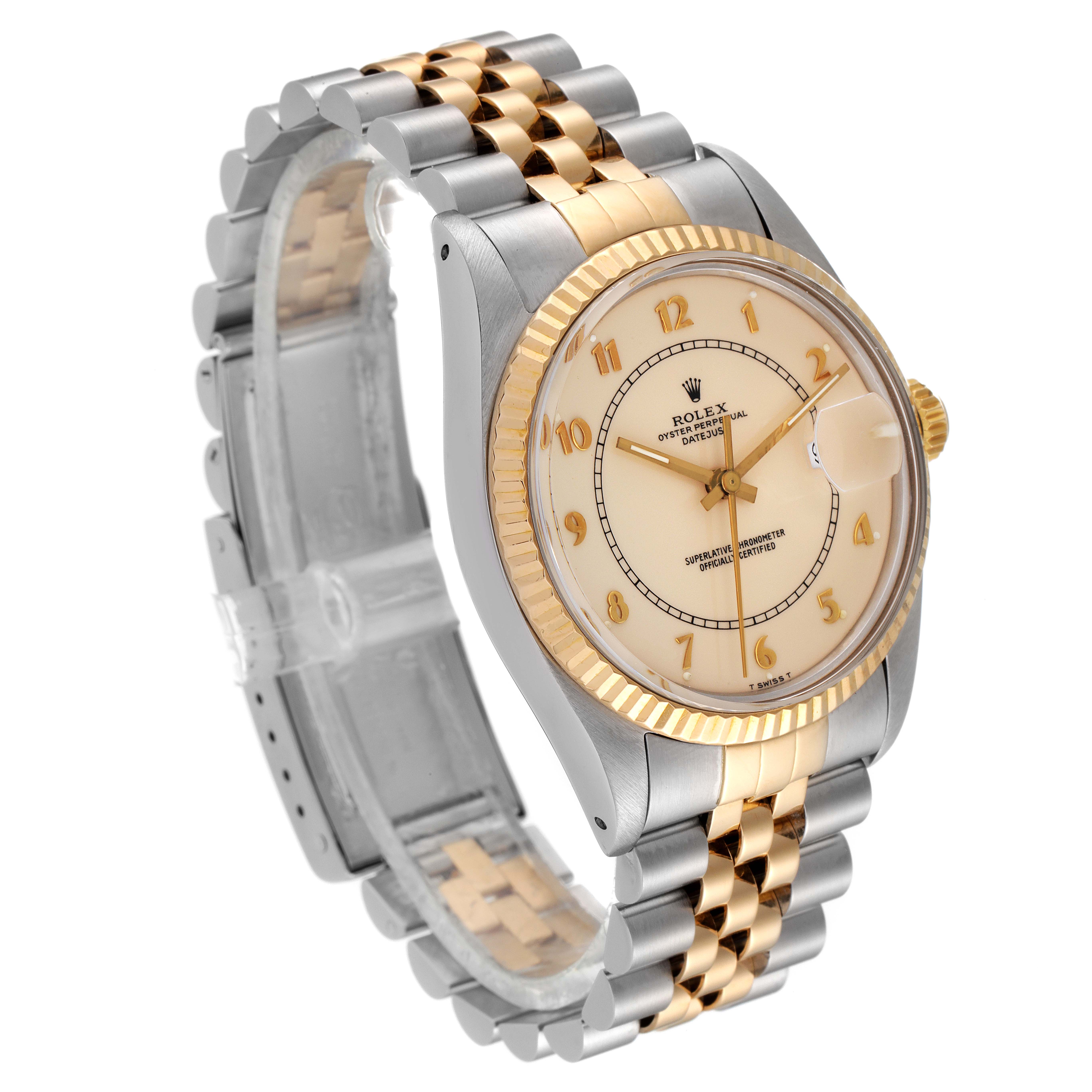 The image shows a Rolex Vintage Collection 16013 Men's Steel and Gold (two tone) Beige Dial 16013 Men's Steel and Gold (two tone) Beige Dial watch at a three-quarter angle, highlighting its bezel, dial, and two-tone bracelet.