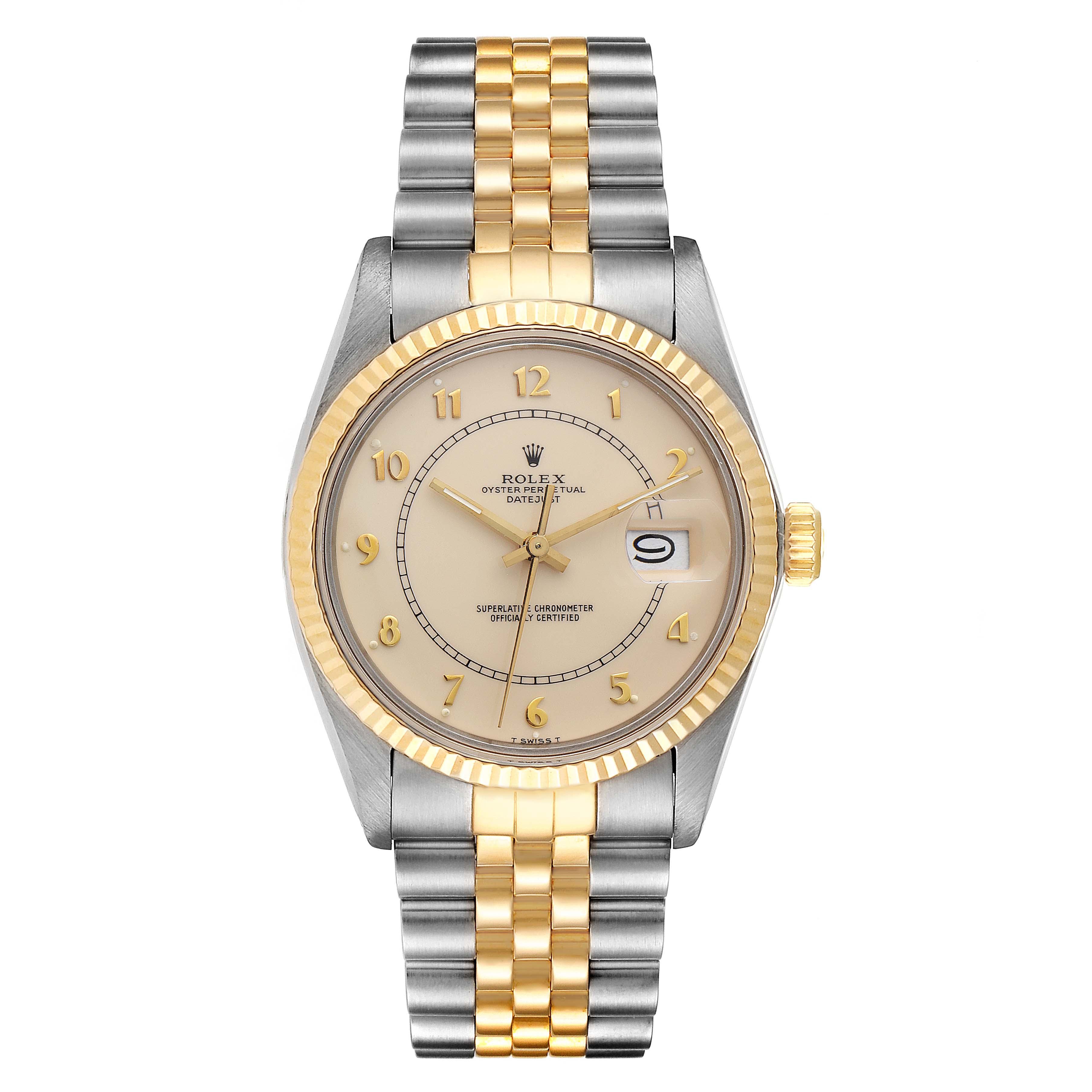 The Rolex Vintage Collection 16013 Men's Steel and Gold (two tone) Beige Dial 16013 Men's Steel and Gold (two tone) Beige Dial model watch is shown from a top-down angle, highlighting its face, bezel, and bracelet.