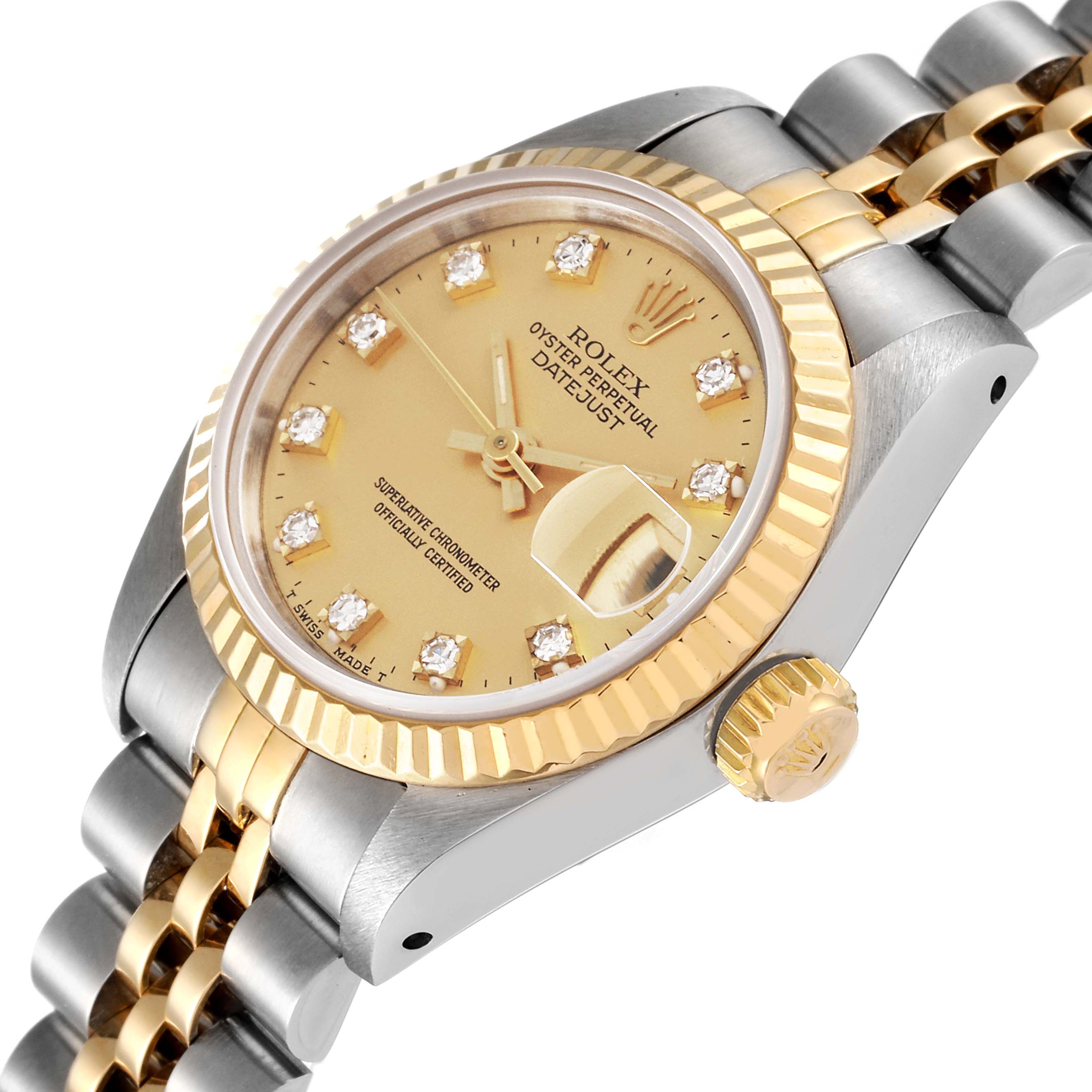 This image shows a close-up angle of the Rolex Datejust 69173 Women's Steel and Gold (two tone) Champagne Dial 69173 Women's Steel and Gold (two tone) Champagne Dial watch, highlighting its gold dial, fluted bezel, crown, and bracelet.