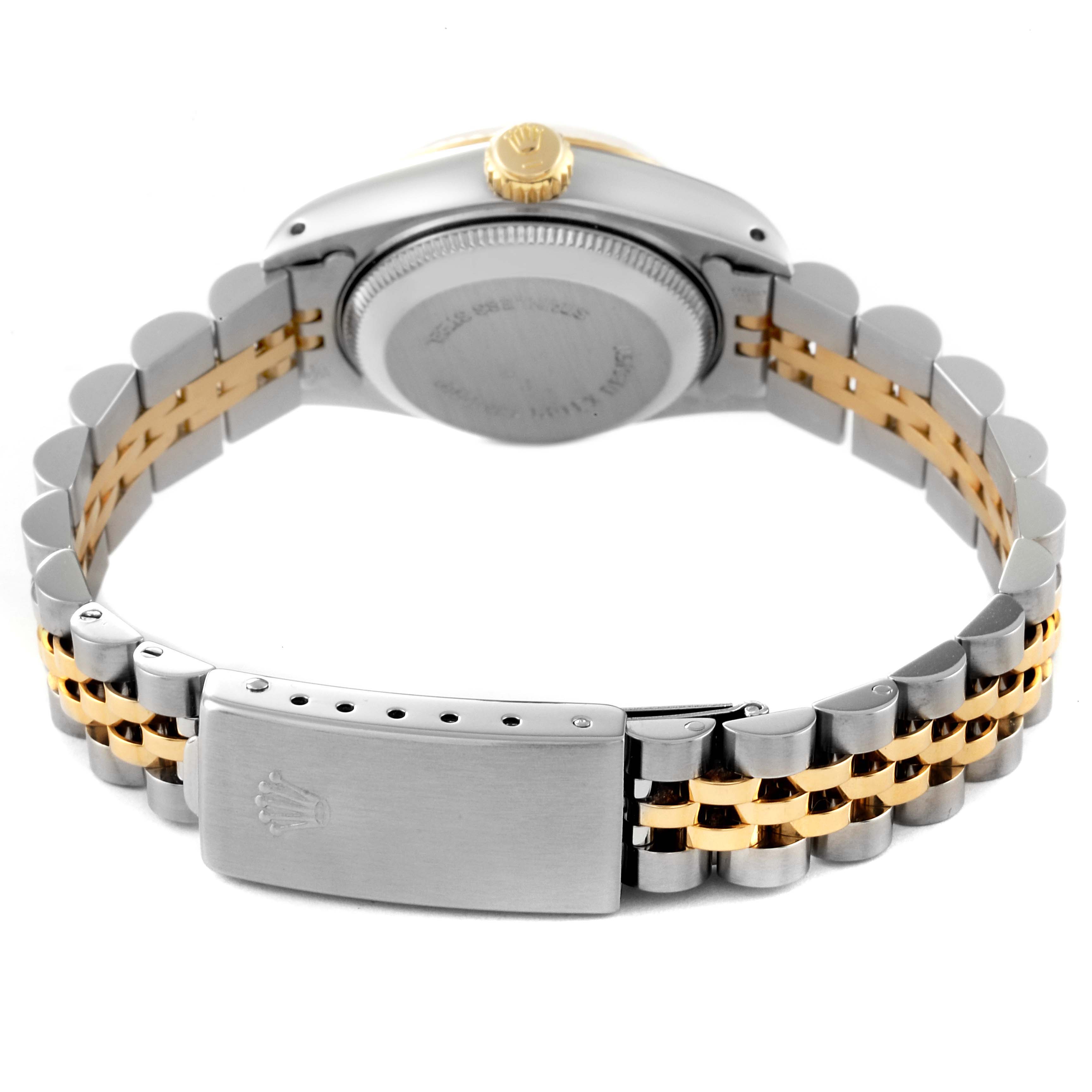 The image shows the back view of a Rolex Datejust 69173 Women's Steel and Gold (two tone) Champagne Dial 69173 Women's Steel and Gold (two tone) Champagne Dial watch, highlighting its stainless steel and gold bracelet and clasp.