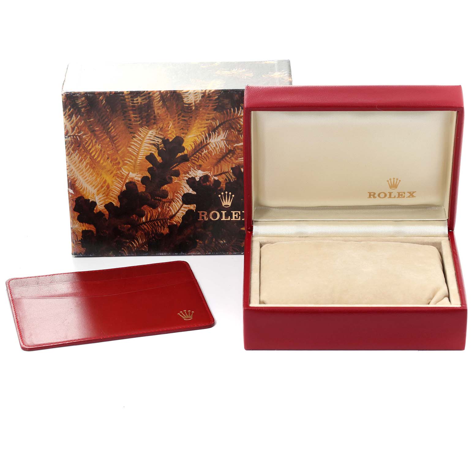 The image shows the packaging accessories of a Rolex Datejust 69173 Women's Steel and Gold (two tone) Champagne Dial 69173 Women's Steel and Gold (two tone) Champagne Dial, including the outer box, inner box, and a cardholder.