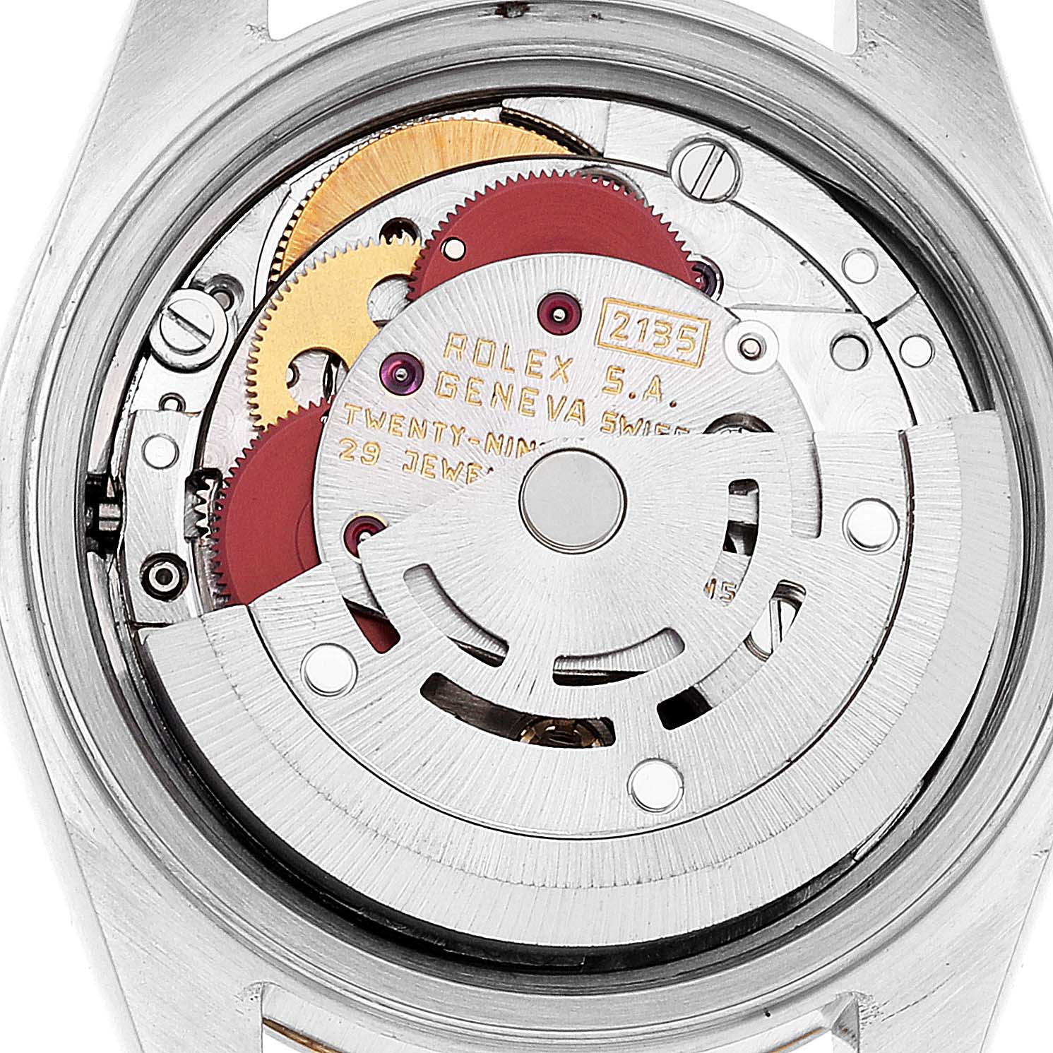 The image shows the Rolex Datejust 69173 Women's Steel and Gold (two tone) Champagne Dial 69173 Women's Steel and Gold (two tone) Champagne Dial watch movement from the back, highlighting its internal mechanics and components.