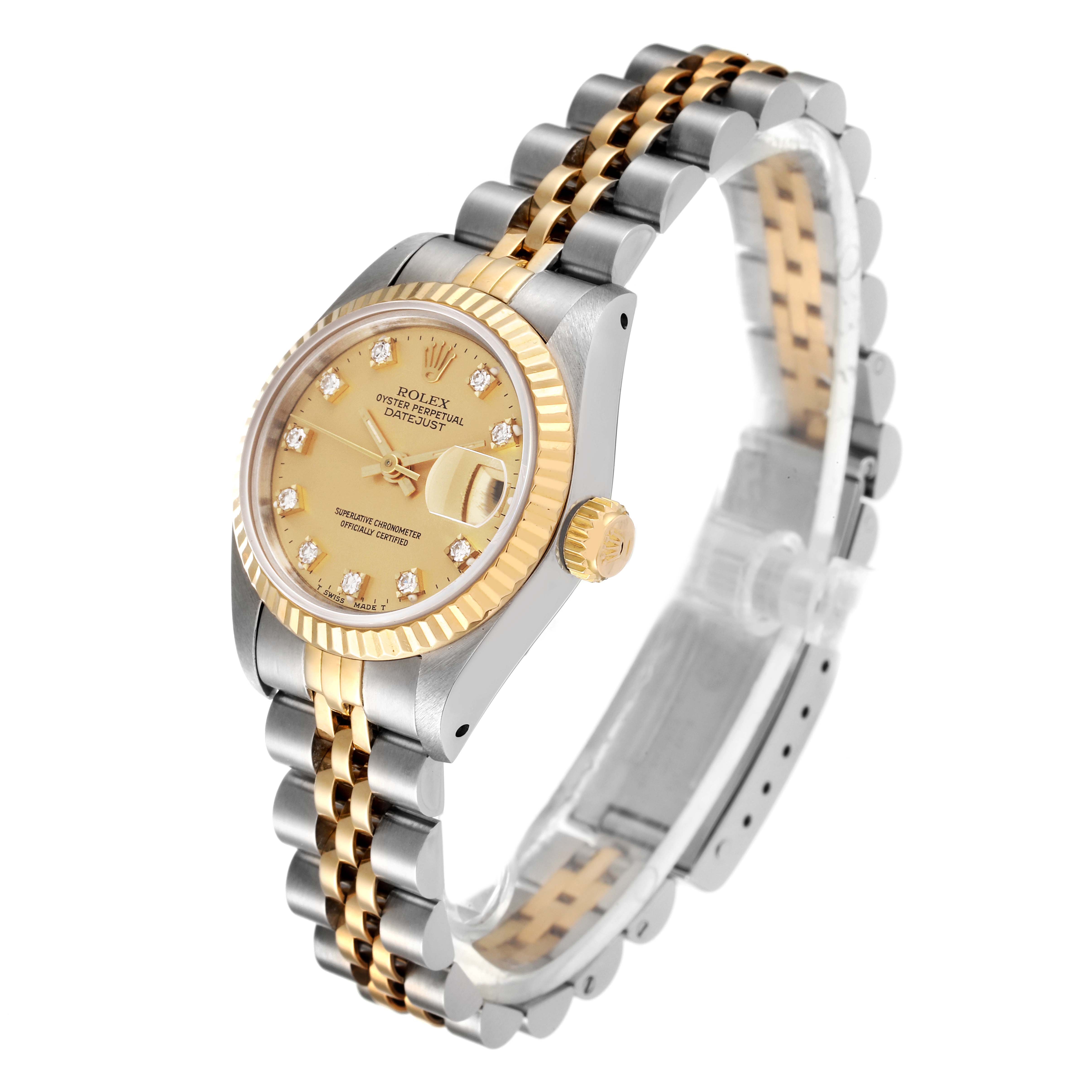The image shows a Rolex Datejust 69173 Women's Steel and Gold (two tone) Champagne Dial 69173 Women's Steel and Gold (two tone) Champagne Dial watch at a three-quarter angle, highlighting its two-tone bracelet, dial, and fluted bezel.