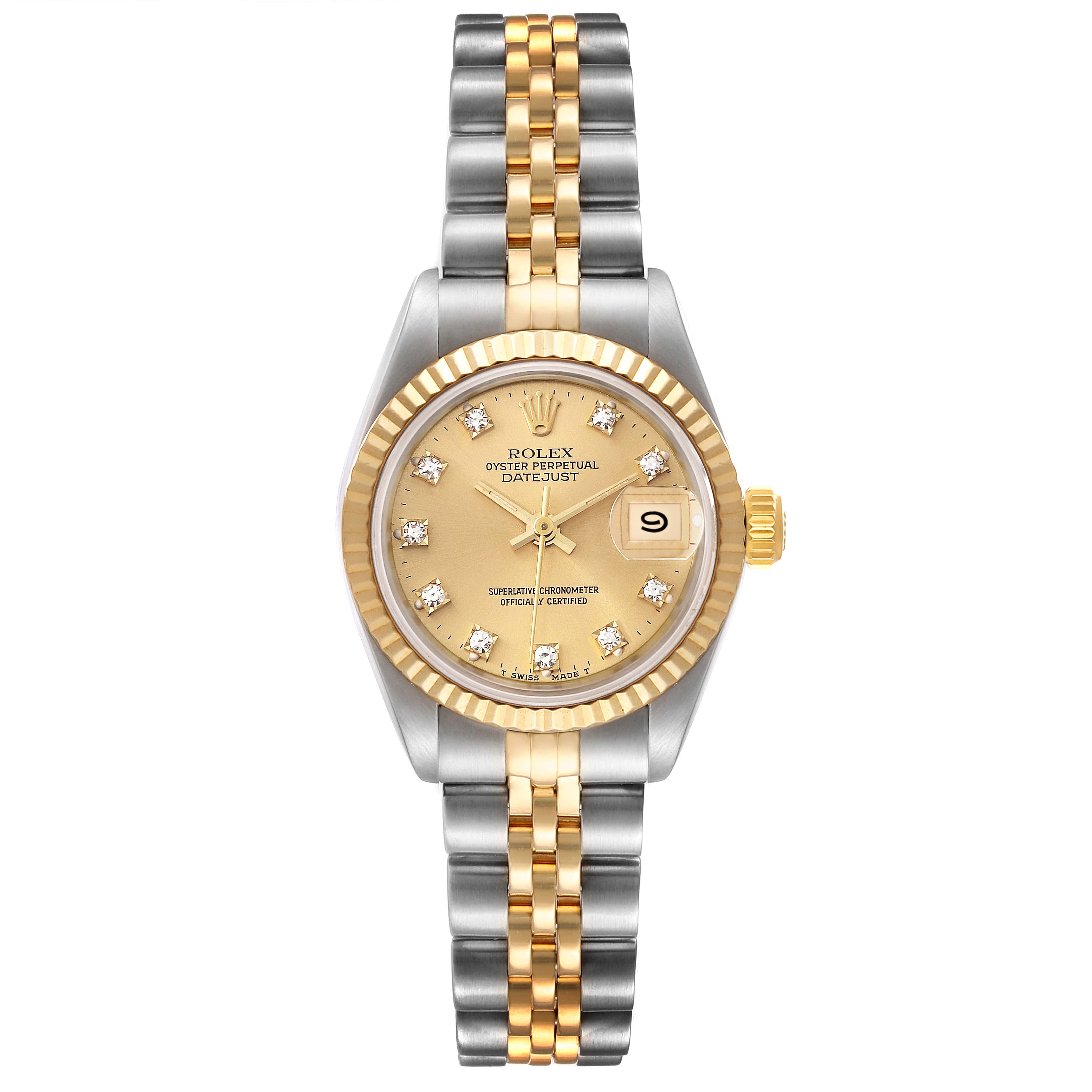The image shows a frontal view of a Rolex Datejust 69173 Women's Steel and Gold (two tone) Champagne Dial 69173 Women's Steel and Gold (two tone) Champagne Dial watch, highlighting the face, bezel, and two-tone bracelet.