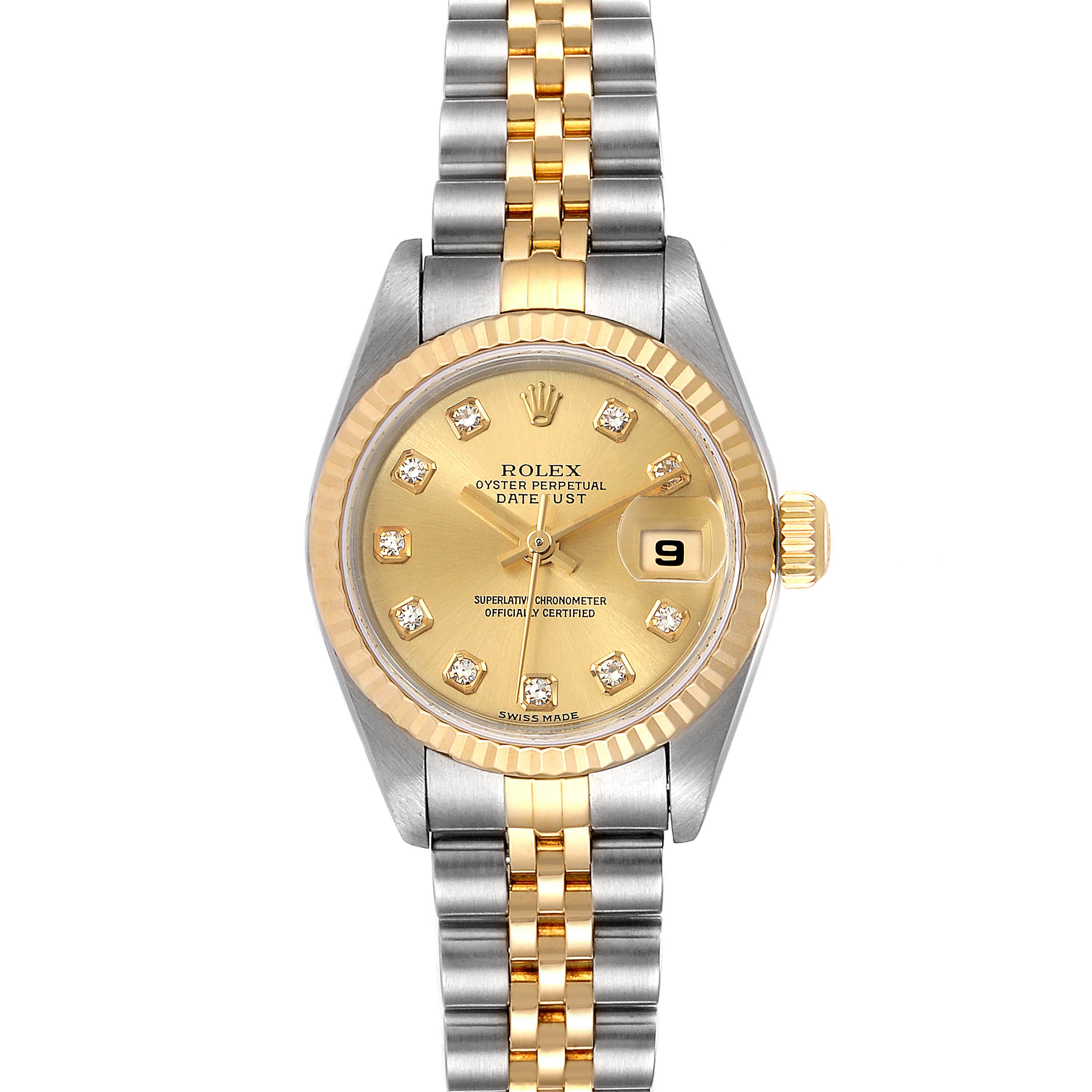 The image shows a frontal view of the Rolex Datejust 79173 Women
s Steel and Gold (two tone) Champagne Dial 79173 Women
s Steel and Gold (two tone) Champagne Dial watch with a two-tone gold and silver bracelet and a champagne dial with diamond hour markers.