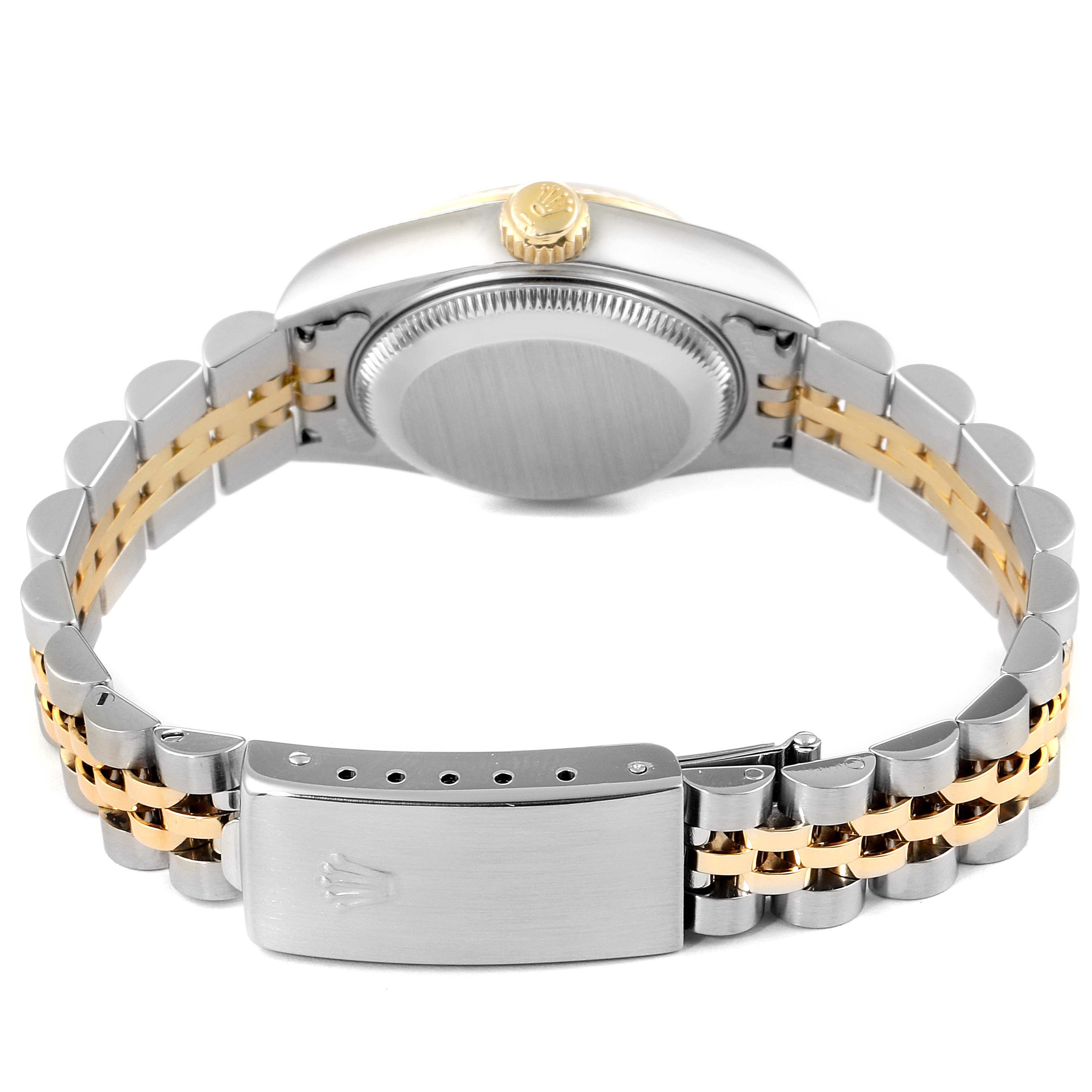 This image shows the back of a Rolex Datejust 79173 Women
s Steel and Gold (two tone) Champagne Dial 79173 Women
s Steel and Gold (two tone) Champagne Dial watch, featuring its clasp, case back, and two-tone bracelet.