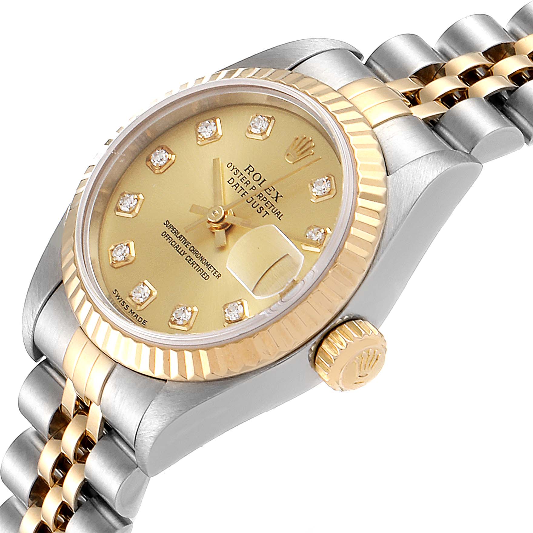 This image shows a close-up of a Rolex Datejust 79173 Women
s Steel and Gold (two tone) Champagne Dial 79173 Women
s Steel and Gold (two tone) Champagne Dial watch, focusing on its face, bezel, crown, and part of the bracelet from an angled top view.