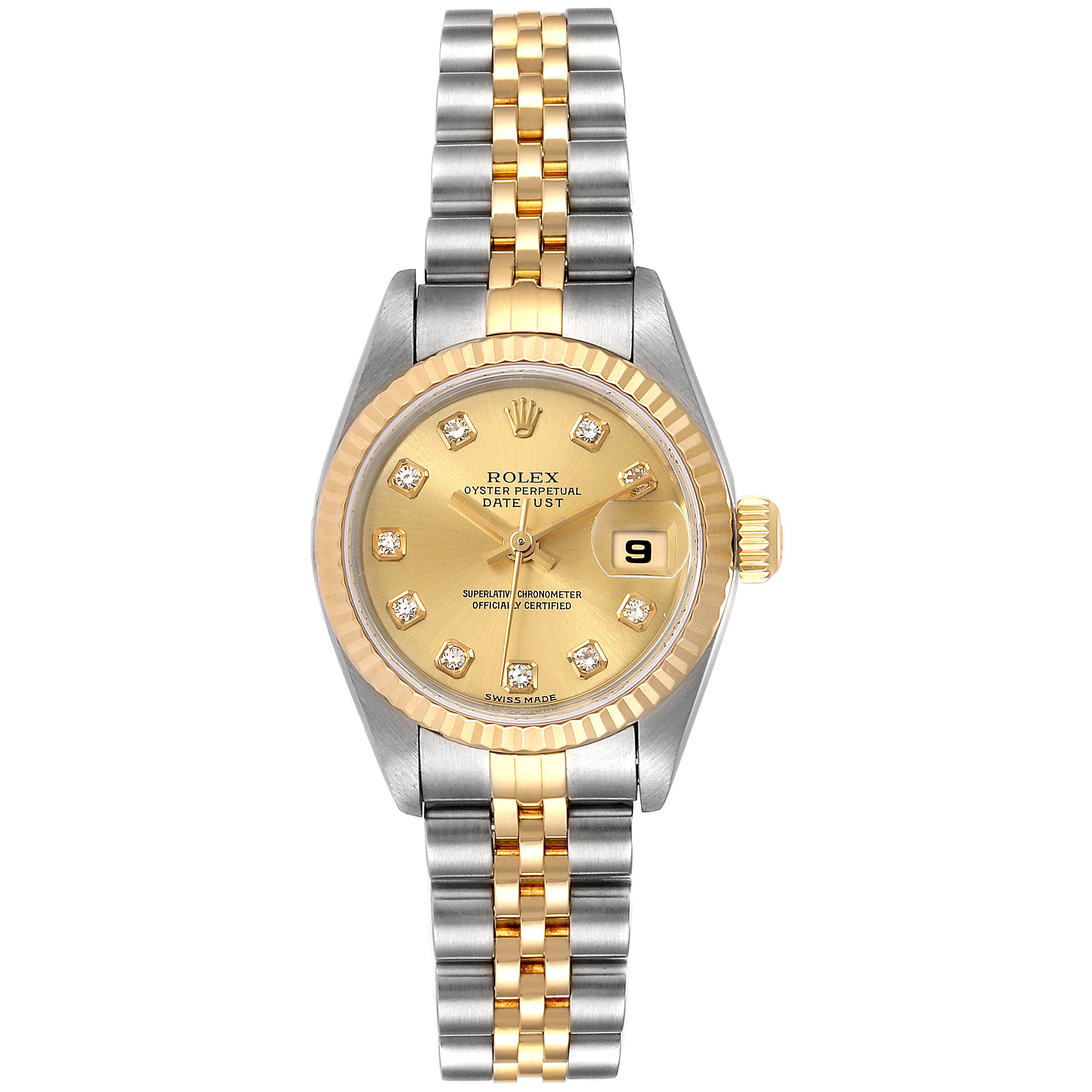 The Rolex Datejust 79173 Women
s Steel and Gold (two tone) Champagne Dial 79173 Women
s Steel and Gold (two tone) Champagne Dial watch is shown from a top-down angle, displaying its face, bezel, and jubilee bracelet.