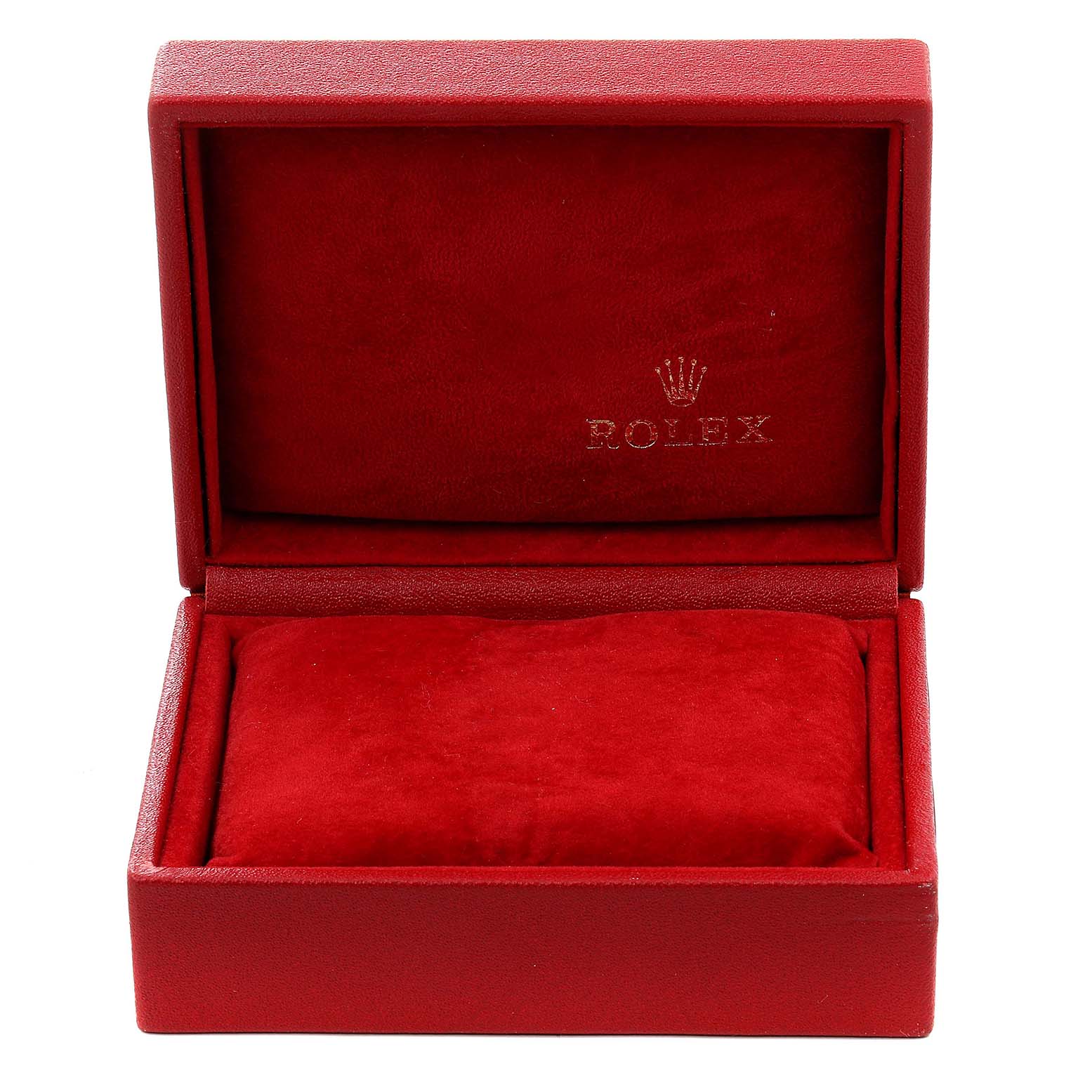 The image shows an open red box, likely for a Rolex Datejust 79173 Women
s Steel and Gold (two tone) Champagne Dial 79173 Women
s Steel and Gold (two tone) Champagne Dial watch, displaying the interior with a cushion and the Rolex logo.