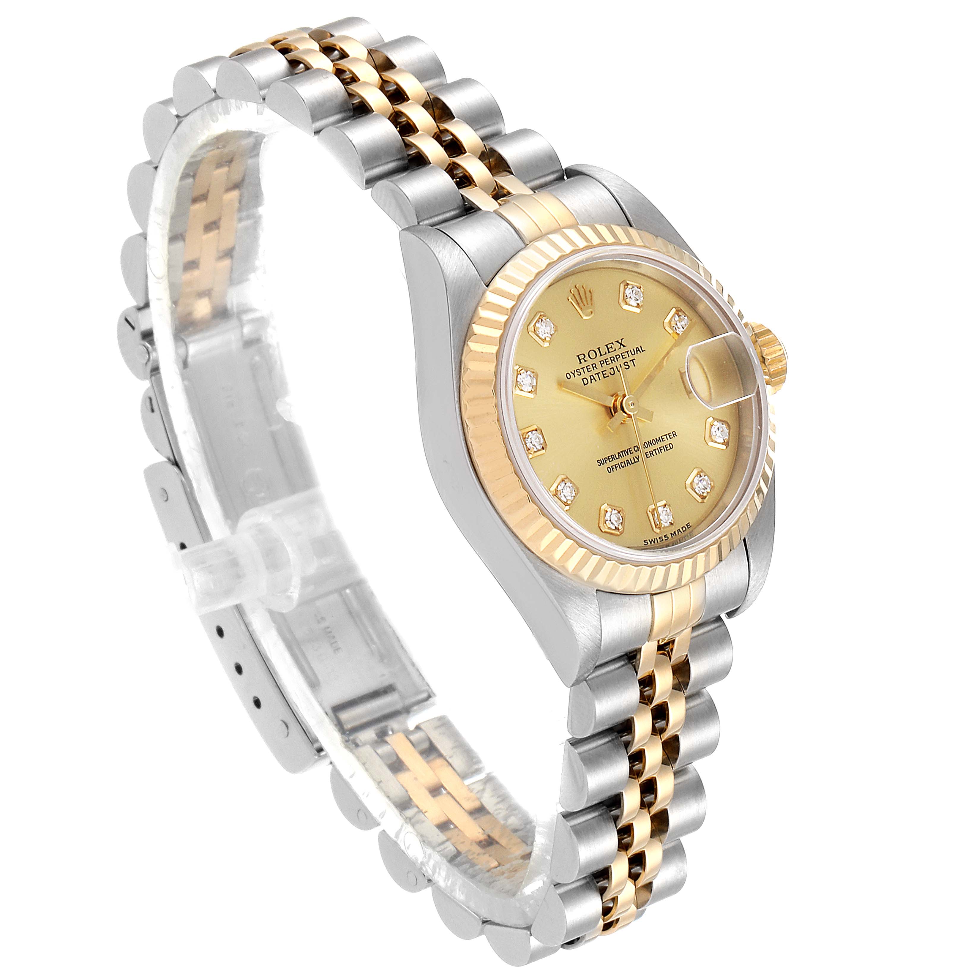 This image shows a Rolex Datejust 79173 Women
s Steel and Gold (two tone) Champagne Dial 79173 Women
s Steel and Gold (two tone) Champagne Dial watch at a three-quarter view, highlighting its two-tone bracelet, fluted bezel, and champagne dial.
