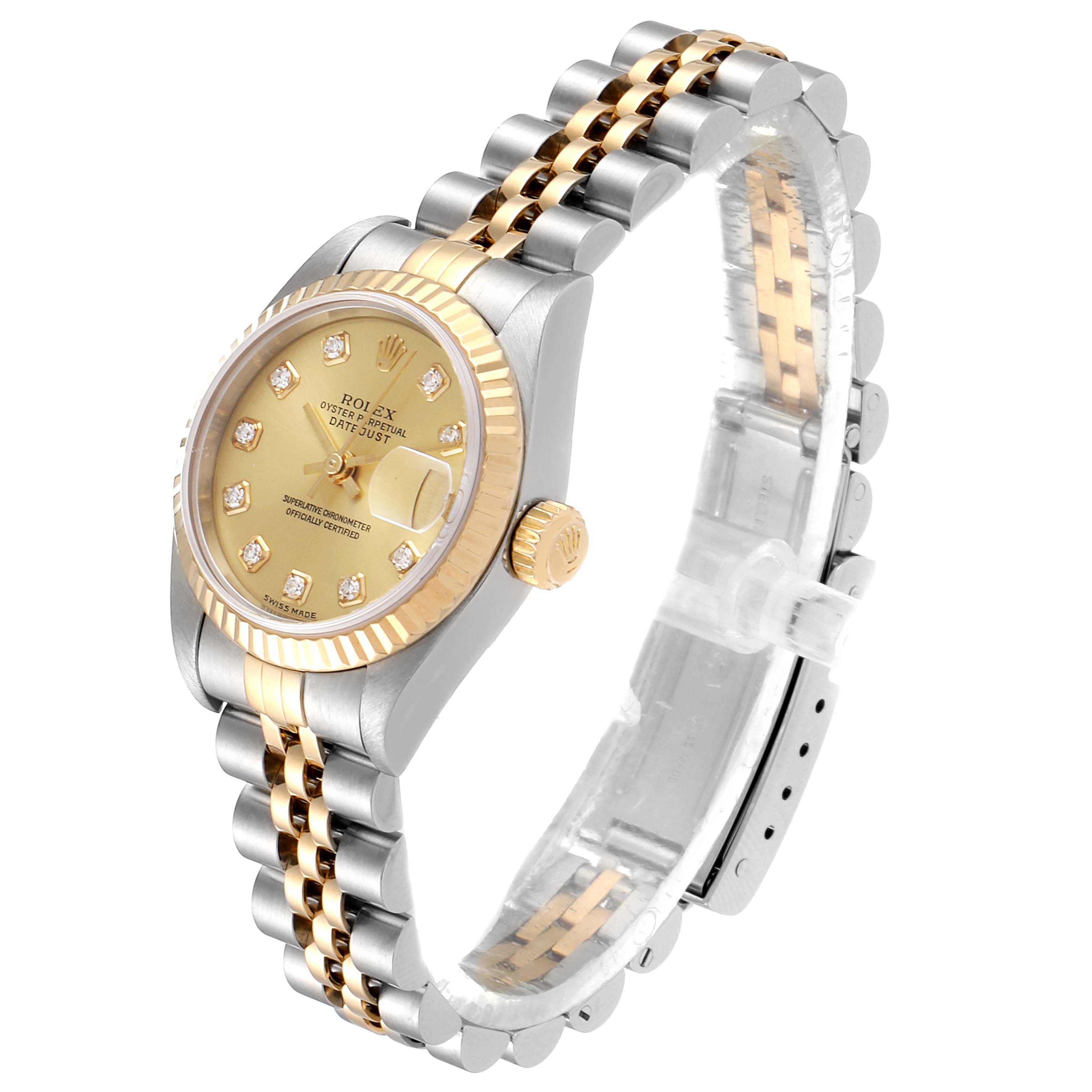 The Rolex Datejust 79173 Women
s Steel and Gold (two tone) Champagne Dial 79173 Women
s Steel and Gold (two tone) Champagne Dial watch is shown at a slight angle, highlighting the face, fluted bezel, and two-tone Jubilee bracelet.