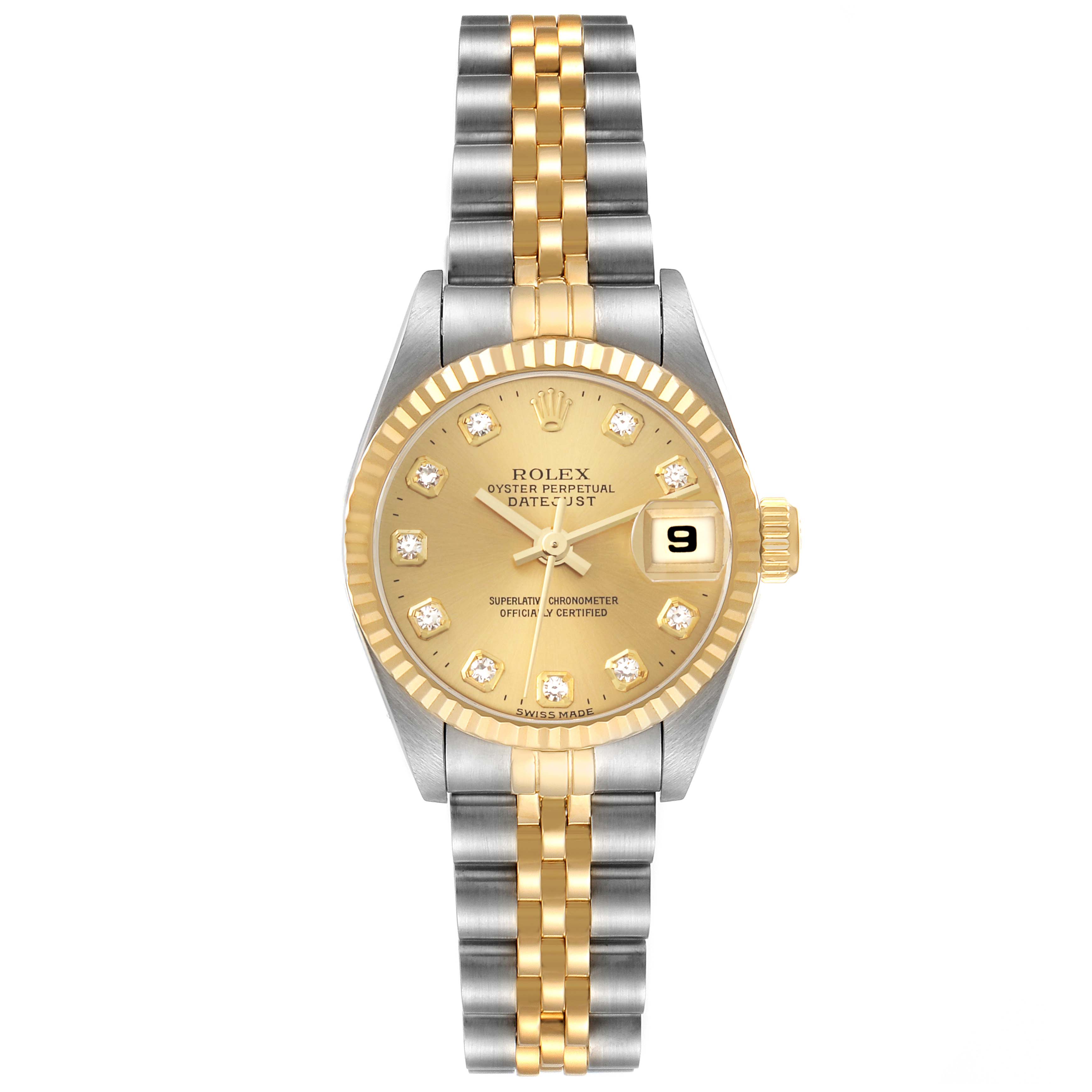 This Rolex Datejust 79173 Women's Steel and Gold (two tone) Champagne Dial 79173 Women's Steel and Gold (two tone) Champagne Dial watch is shown from a front angle, highlighting its gold and silver bracelet, gold bezel, and dial.