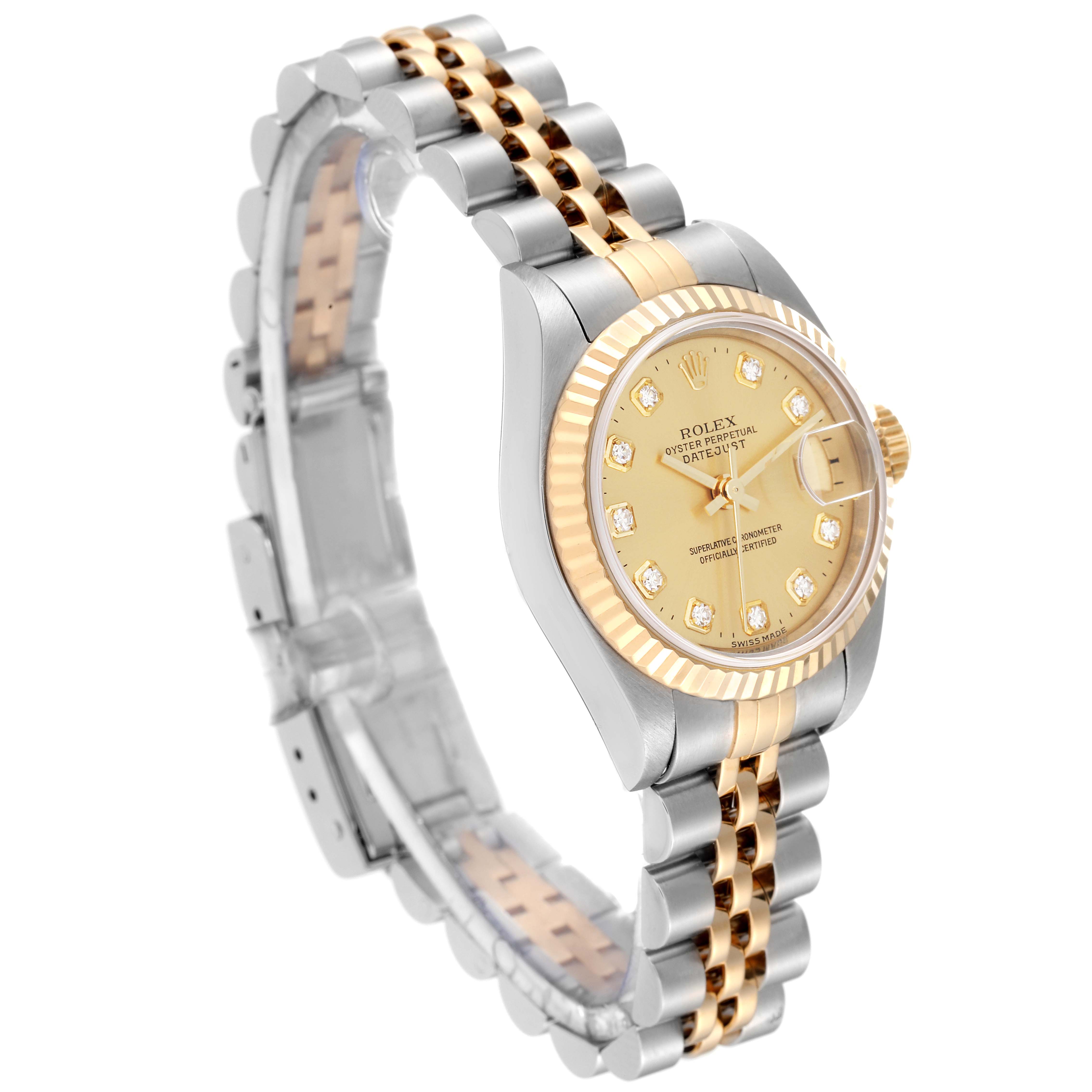 The image shows a side-angle view of a Rolex Datejust 79173 Women's Steel and Gold (two tone) Champagne Dial 79173 Women's Steel and Gold (two tone) Champagne Dial watch, highlighting its gold and silver band, bezel, and champagne dial.
