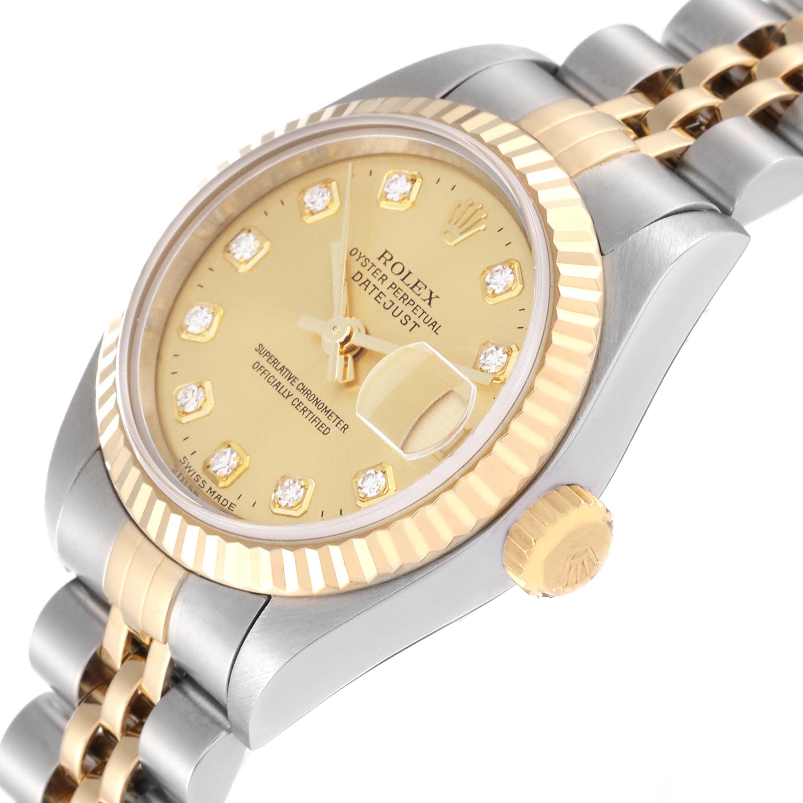 This Rolex Datejust 79173 Women's Steel and Gold (two tone) Champagne Dial 79173 Women's Steel and Gold (two tone) Champagne Dial model is shown at a slight upper angle, highlighting the face, bezel, crown, and part of the bracelet.
