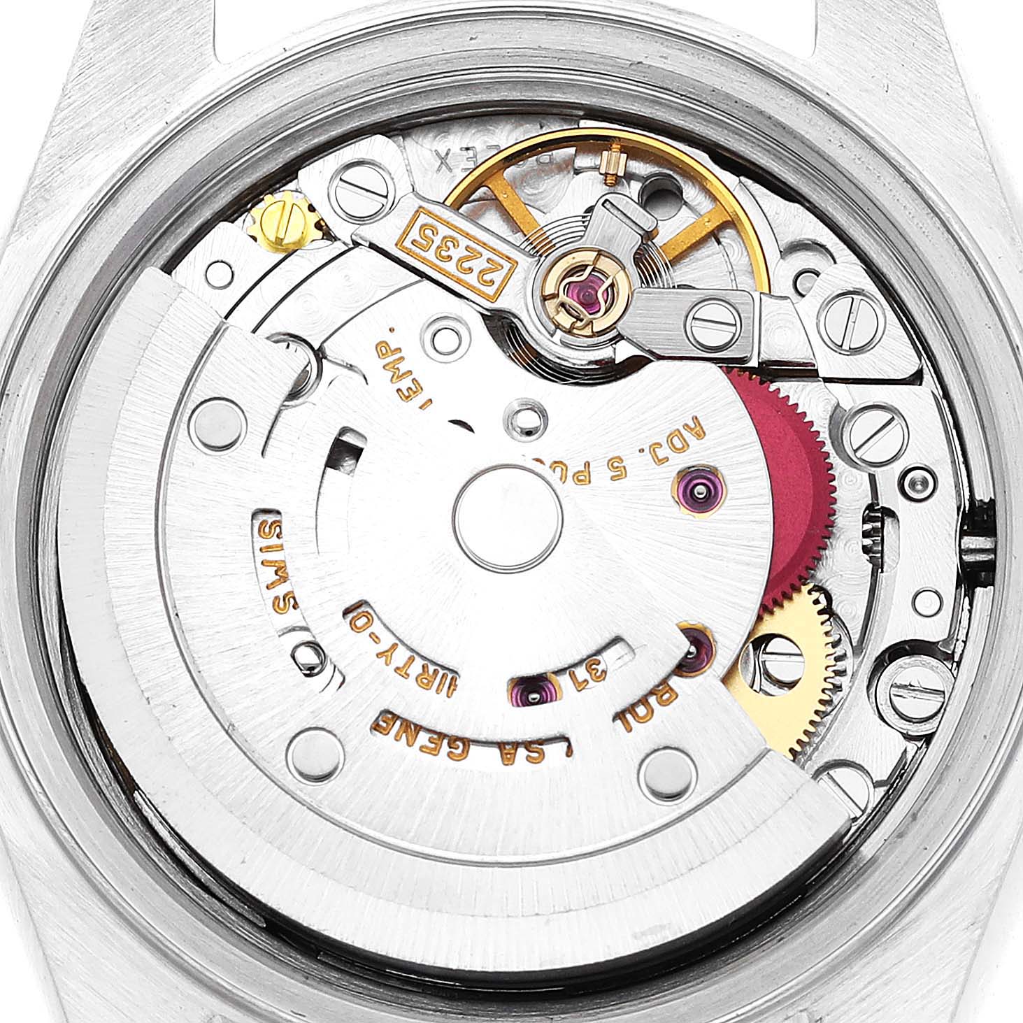 This image shows a close-up of the movement and inner mechanisms of a Rolex Datejust 79173 Women's Steel and Gold (two tone) Champagne Dial 79173 Women's Steel and Gold (two tone) Champagne Dial watch.