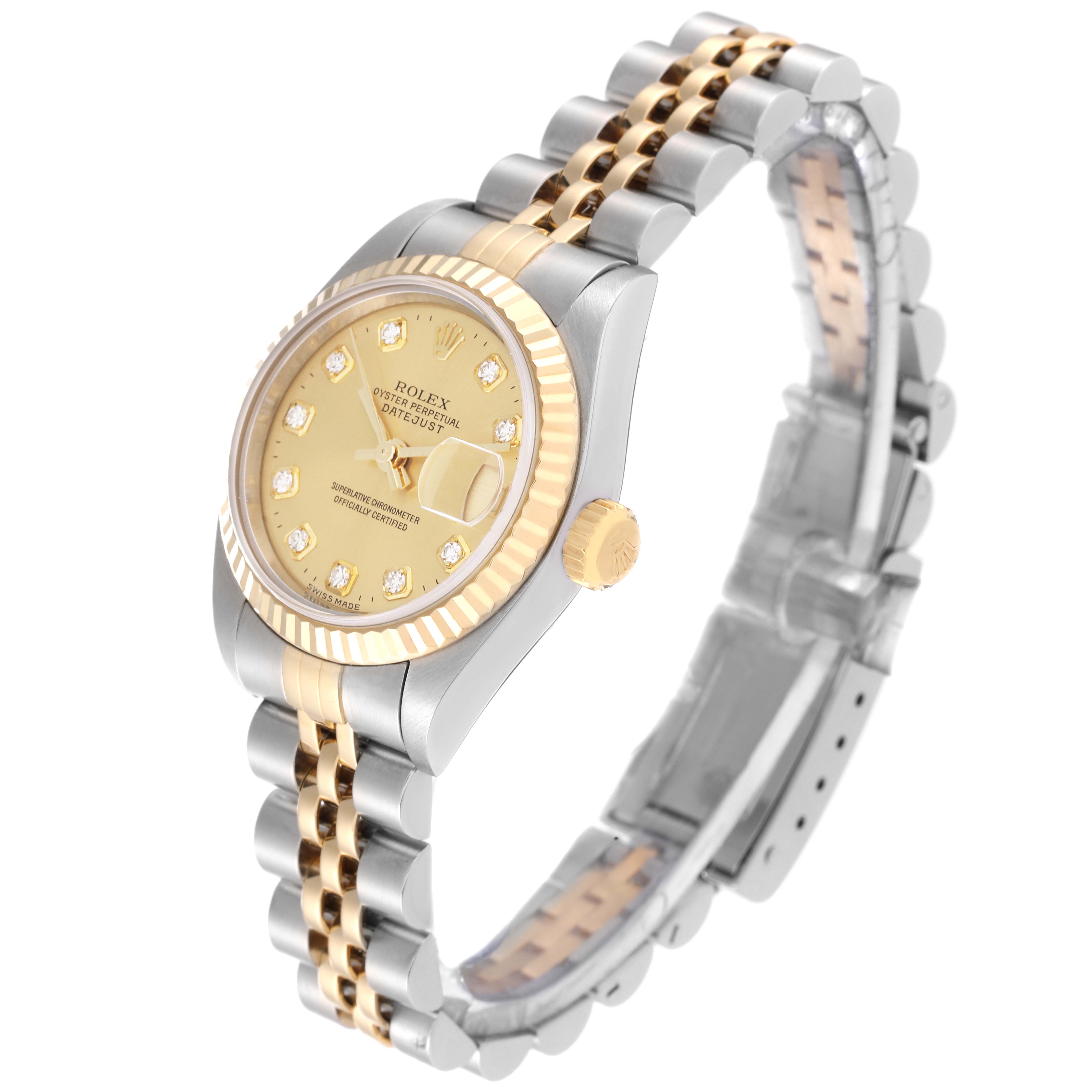 The image shows a Rolex Datejust 79173 Women's Steel and Gold (two tone) Champagne Dial 79173 Women's Steel and Gold (two tone) Champagne Dial watch from an angled side view, highlighting the dial, bezel, and two-tone bracelet.