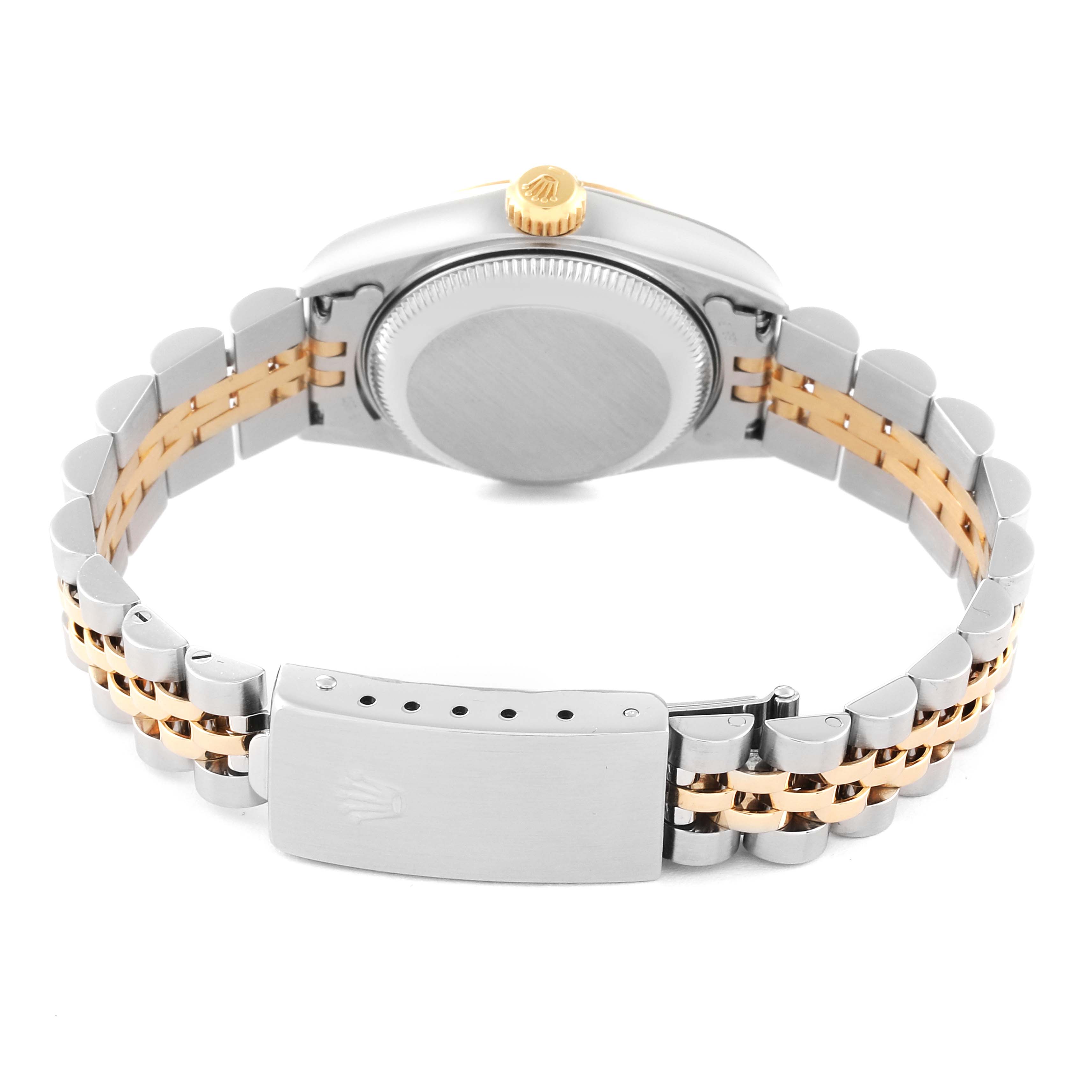 This image shows the back view of a Rolex Datejust 79173 Women's Steel and Gold (two tone) Champagne Dial 79173 Women's Steel and Gold (two tone) Champagne Dial watch, highlighting its case back, bracelet, and clasp.