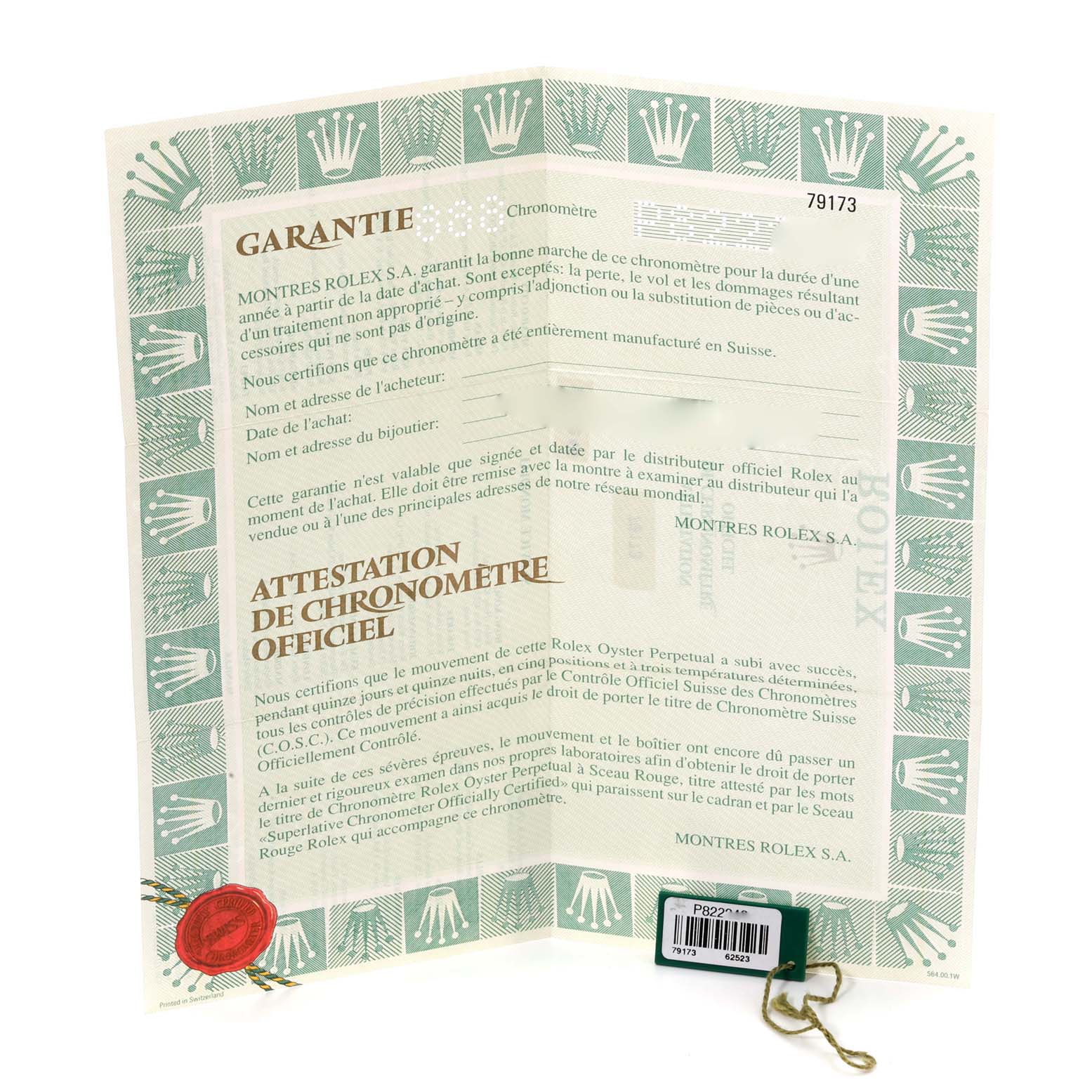 This image shows the warranty certificate and chronometer certification for a Rolex Datejust 79173 Women's Steel and Gold (two tone) Champagne Dial 79173 Women's Steel and Gold (two tone) Champagne Dial model.