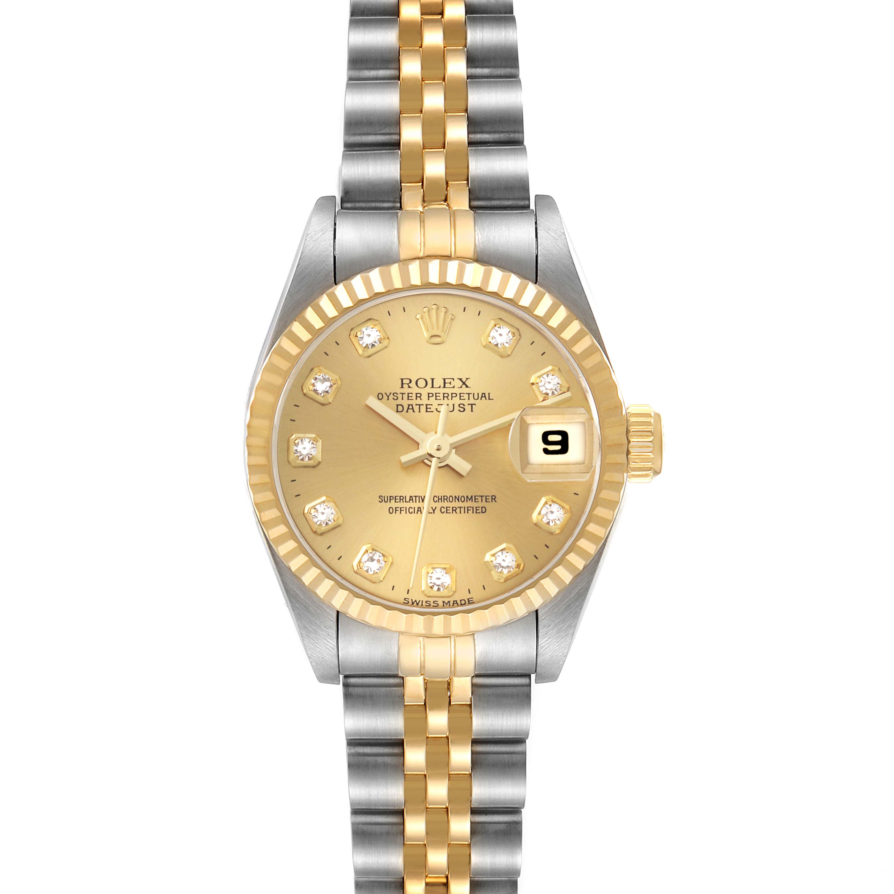 This image shows a front view of the Rolex Datejust 79173 Women's Steel and Gold (two tone) Champagne Dial 79173 Women's Steel and Gold (two tone) Champagne Dial watch, highlighting its dial, bezel, bracelet, and date display.