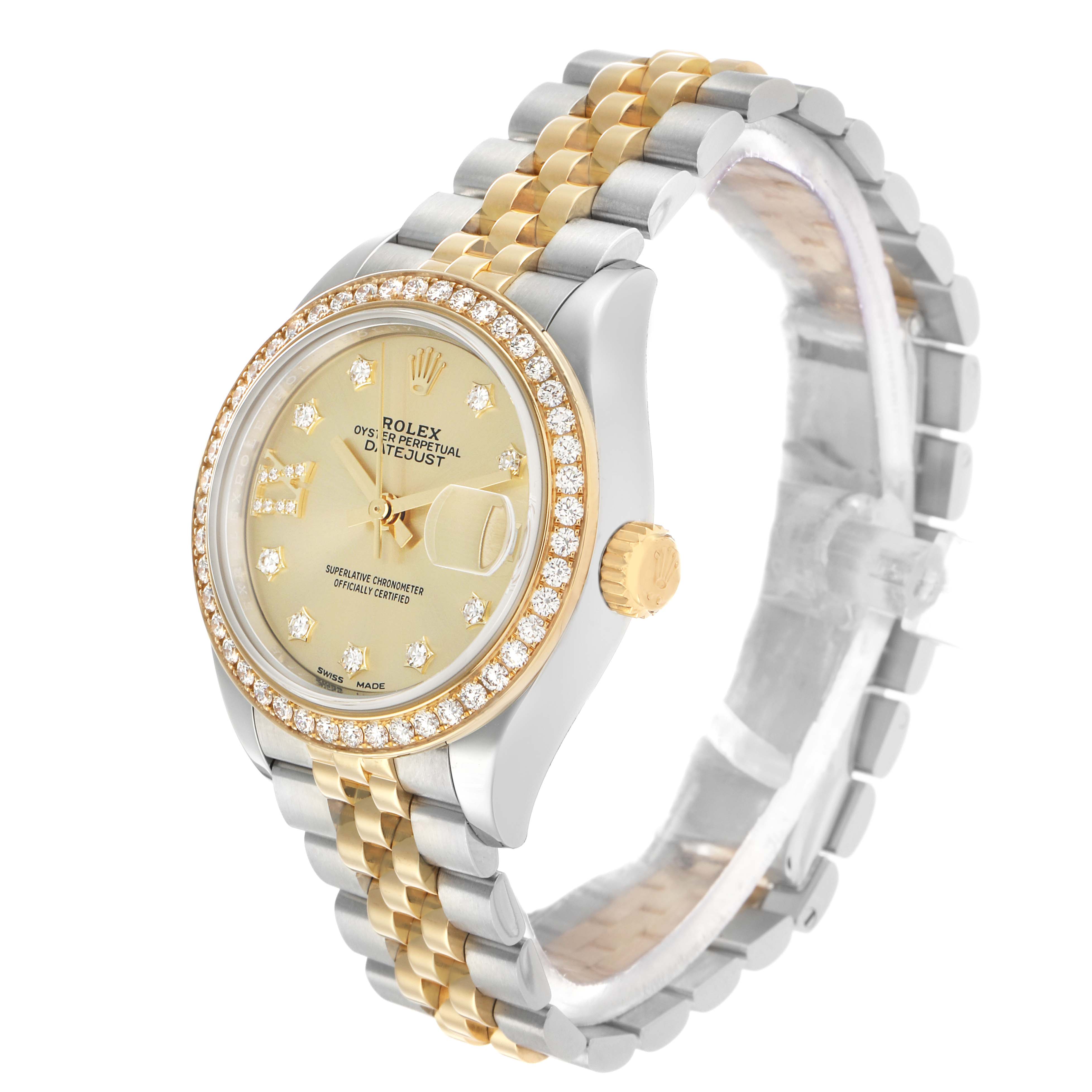The Rolex Datejust 279383RBR Women's Steel and Gold (two tone) Champagne Dial watch is shown at a three-quarter angle, highlighting the face, bezel, crown, and two-tone bracelet.
