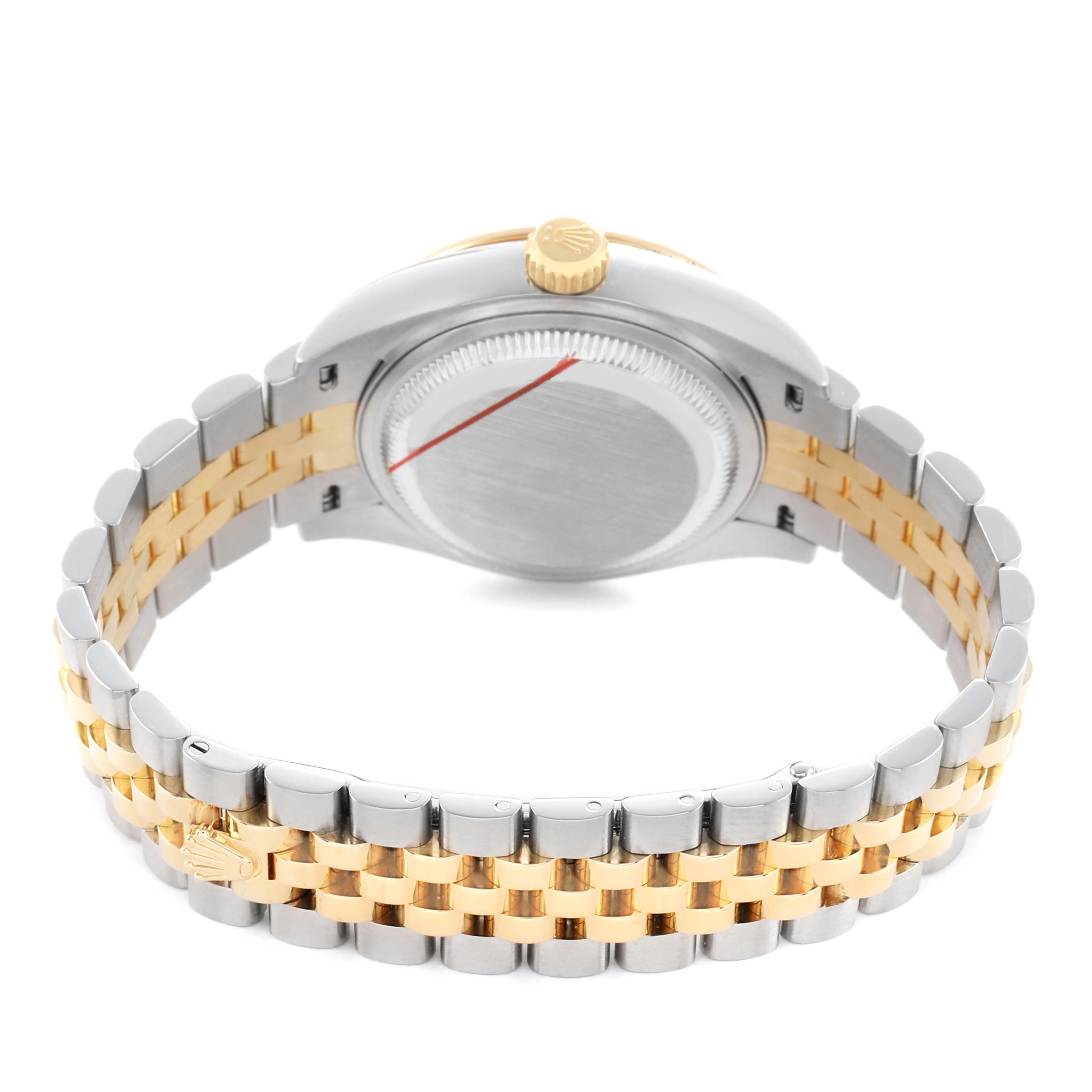 The image shows the back and side profile of a Rolex Datejust 279383RBR Women's Steel and Gold (two tone) Champagne Dial, highlighting the two-tone bracelet and crown.