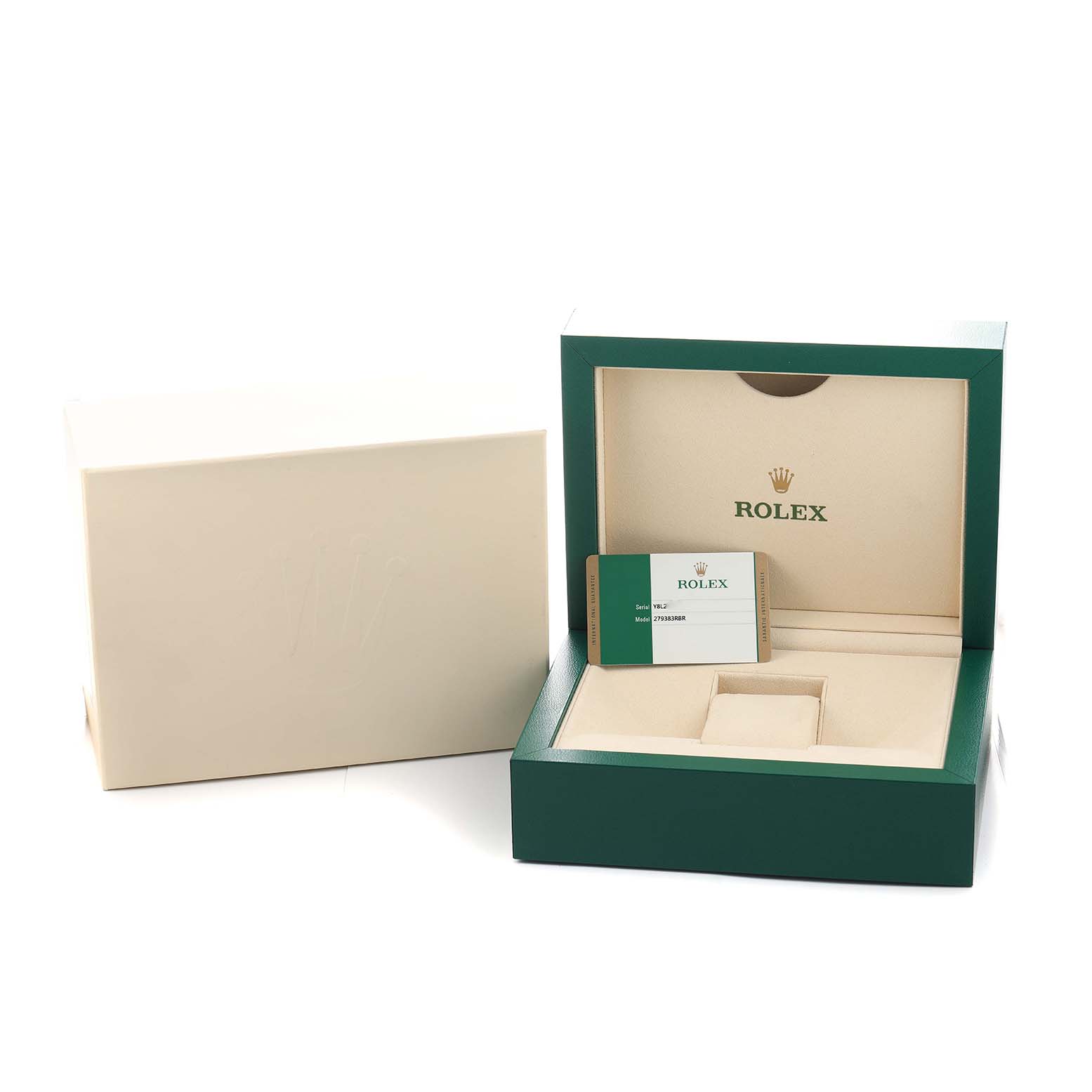 The image shows the open packaging box for a Rolex Datejust 279383RBR Women's Steel and Gold (two tone) Champagne Dial, along with an authentication card.
