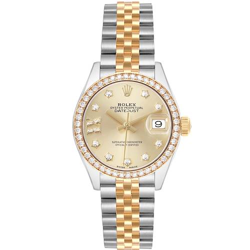 The Rolex Datejust 279383RBR Women's Steel and Gold (two tone) Champagne Dial watch is shown from the front, displaying its two-tone bracelet, diamond bezel, and champagne dial.