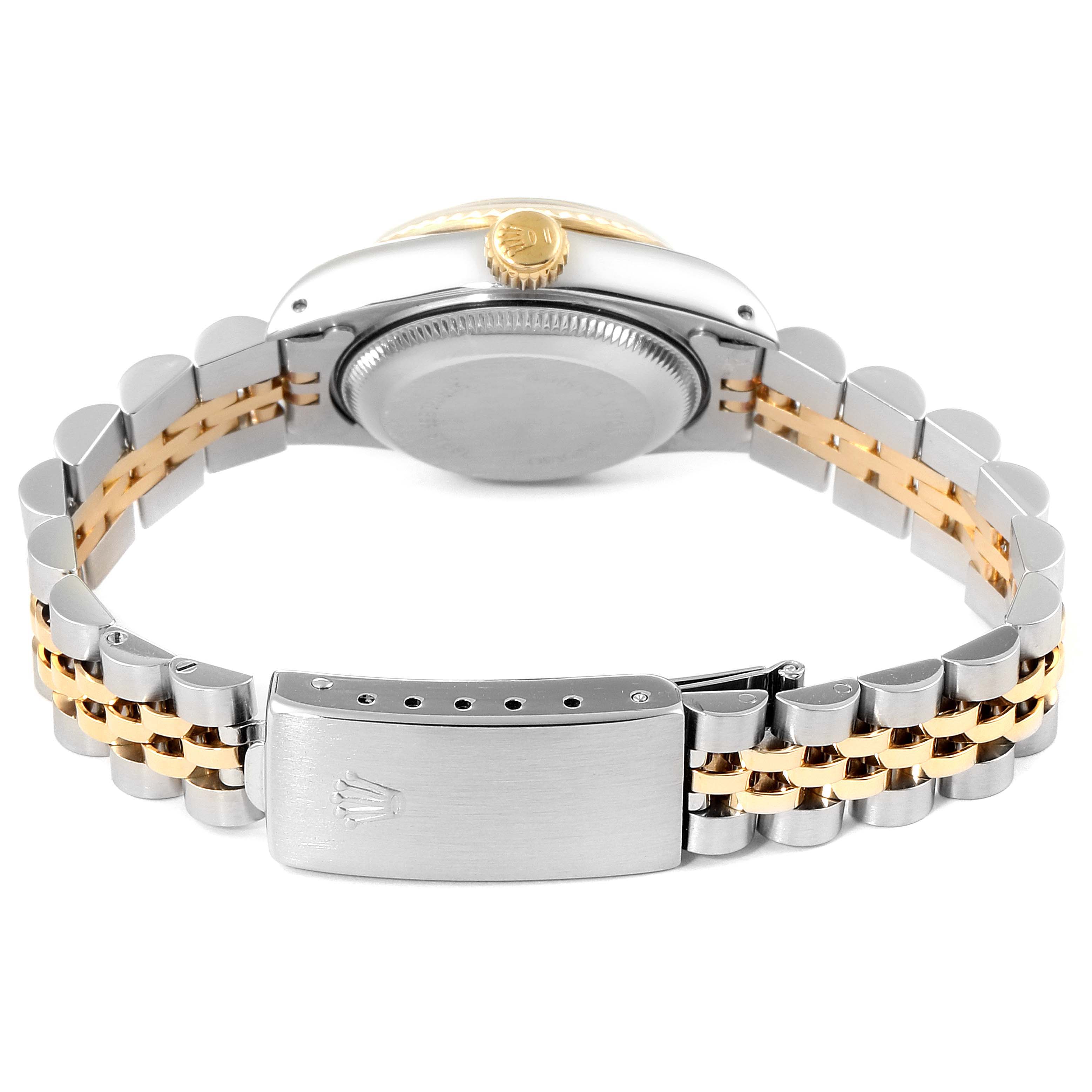 The image shows the back of a Rolex Datejust 69173 Women's Steel and Gold (two tone) Champagne Dial 69173 Women's Steel and Gold (two tone) Champagne Dial watch, including its Jubilee bracelet and clasp.