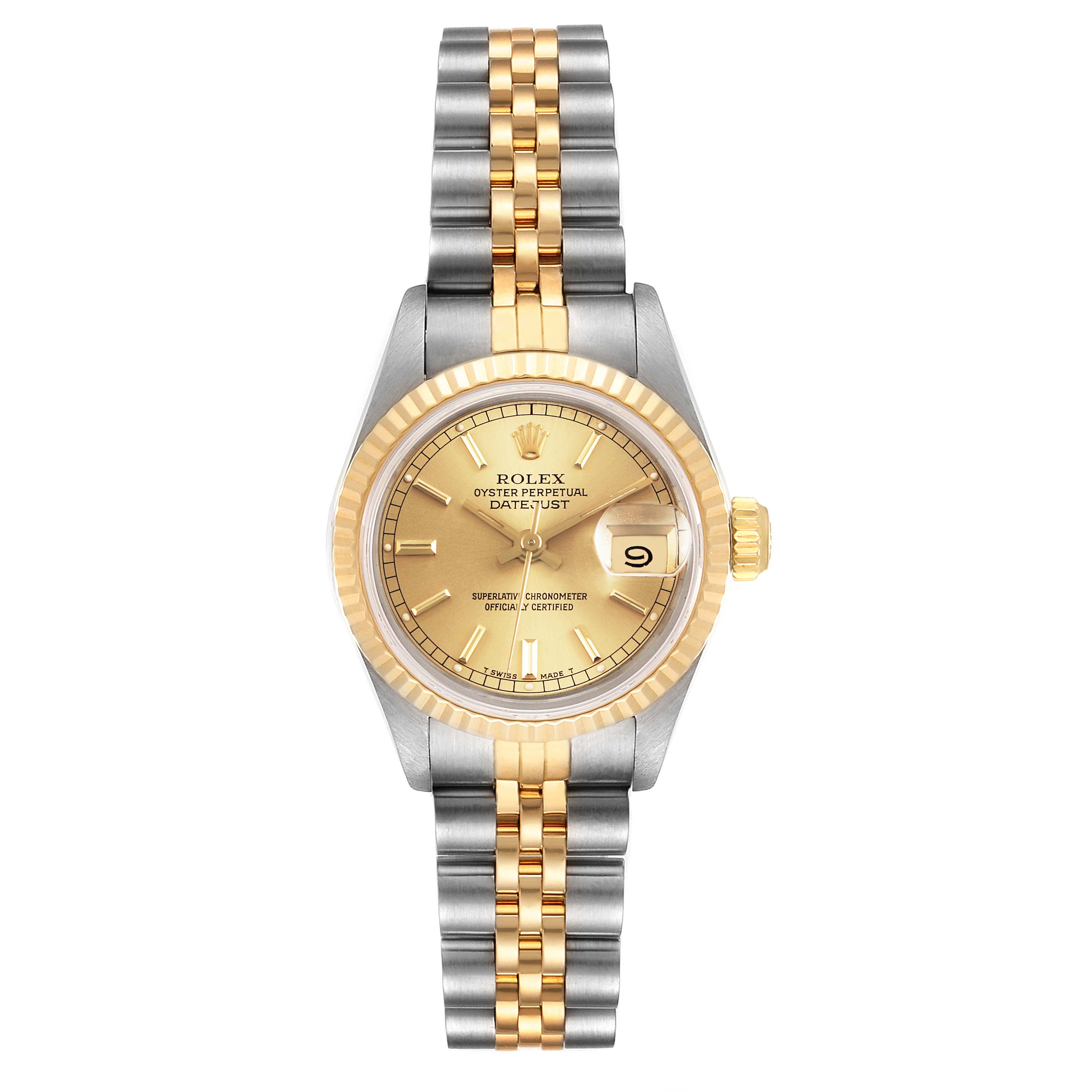 This image shows a Rolex Datejust 69173 Women's Steel and Gold (two tone) Champagne Dial 69173 Women's Steel and Gold (two tone) Champagne Dial watch from a top-down angle, featuring a two-tone gold and silver bracelet, gold bezel, and champagne dial.