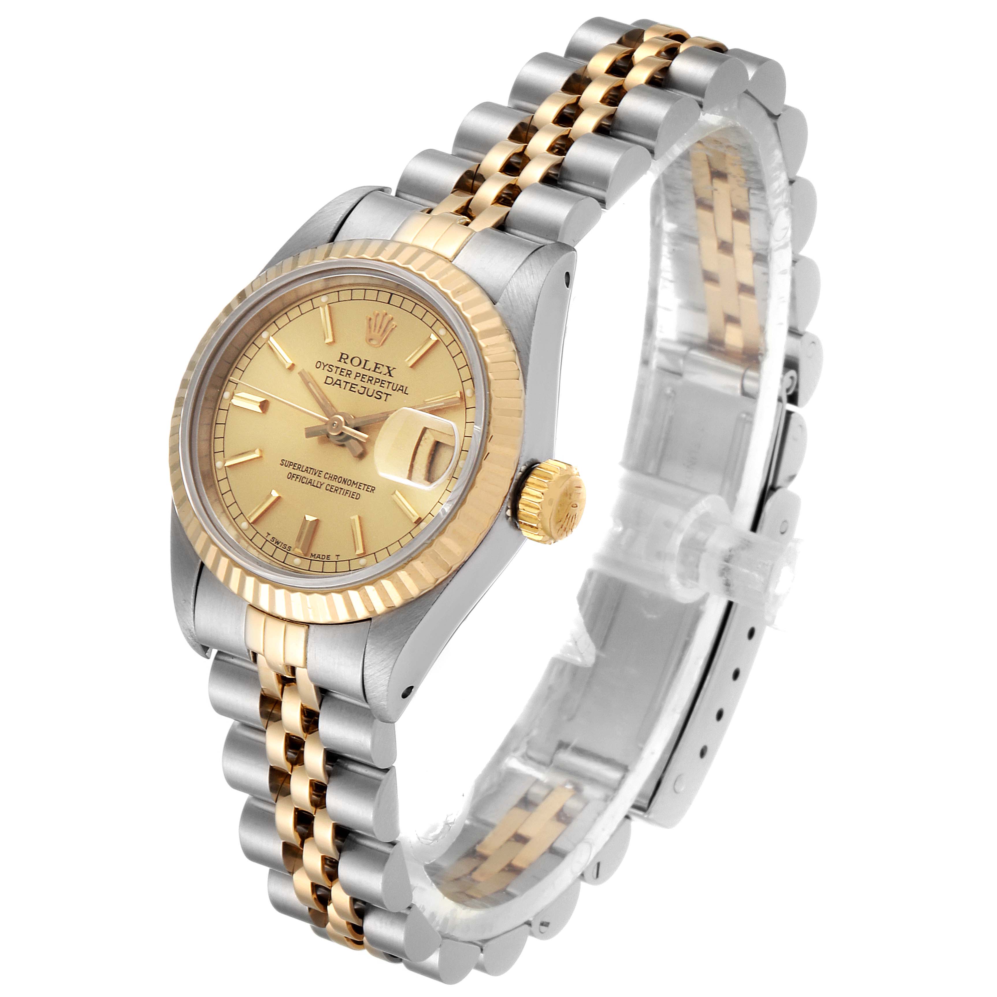 The image shows a Rolex Datejust 69173 Women's Steel and Gold (two tone) Champagne Dial 69173 Women's Steel and Gold (two tone) Champagne Dial watch at a right-front angle, highlighting its gold bezel, dial, two-tone bracelet, and crown.