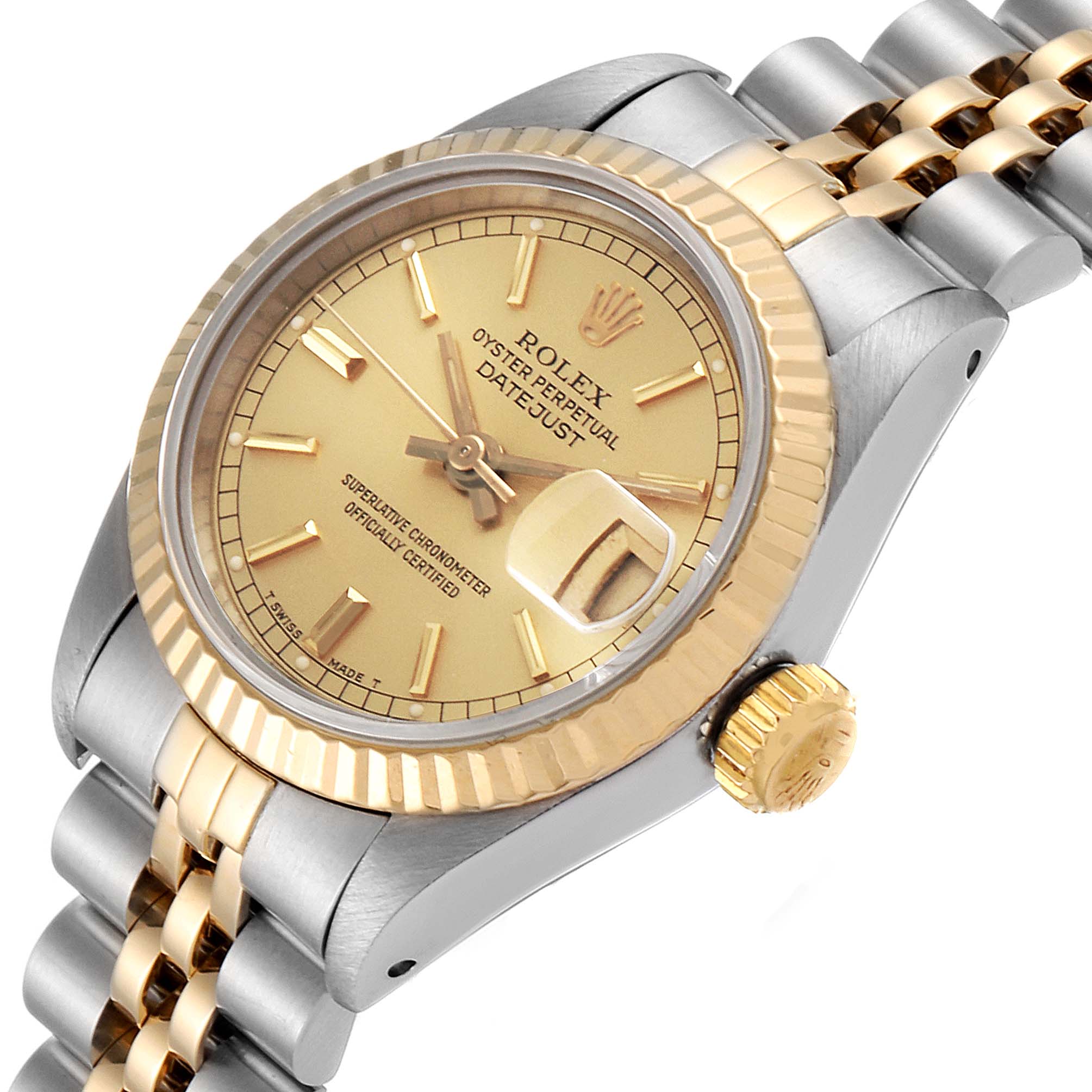 The image shows a Rolex Datejust 69173 Women's Steel and Gold (two tone) Champagne Dial 69173 Women's Steel and Gold (two tone) Champagne Dial watch angled from the front-left, displaying the face, bezel, crown, and bracelet.