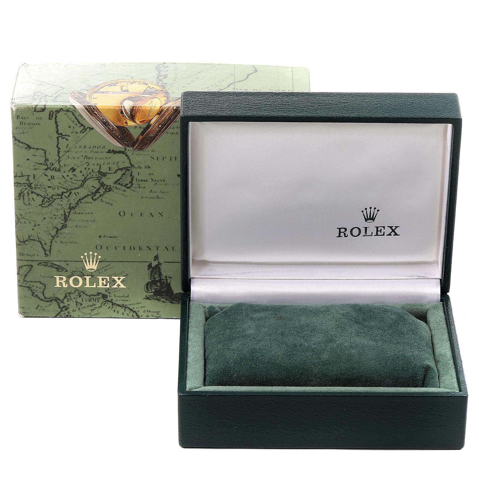 The image shows a Rolex Datejust 69173 Women's Steel and Gold (two tone) Champagne Dial 69173 Women's Steel and Gold (two tone) Champagne Dial watch box, partially open, with a cushion inside and an outer branded sleeve.