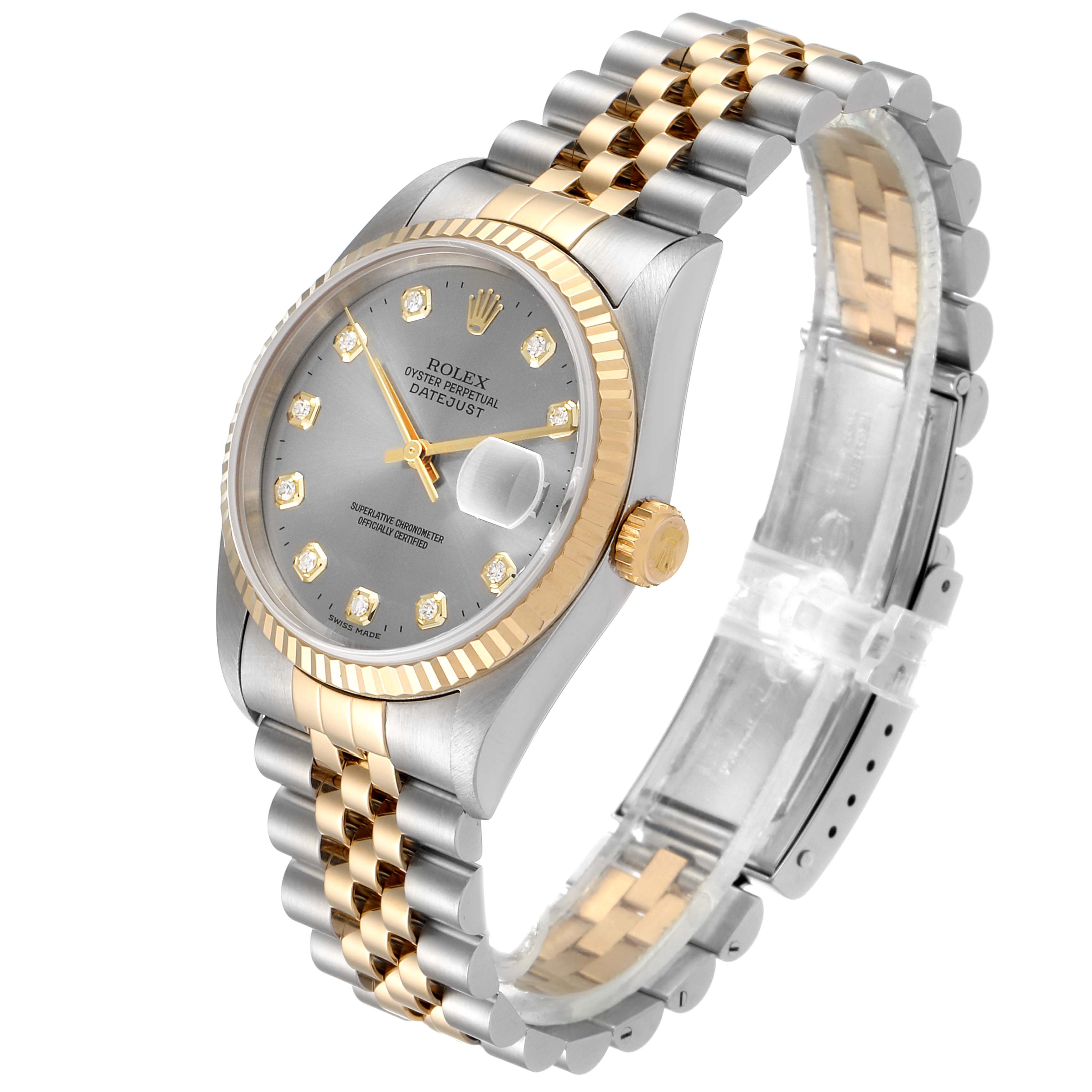 This image shows a Rolex Datejust 16233 Men
s Steel and Gold (two tone) Grey Dial 16233 Men
s Steel and Gold (two tone) Grey Dial model watch viewed from an angle displaying its face, bracelet, and clasp.
