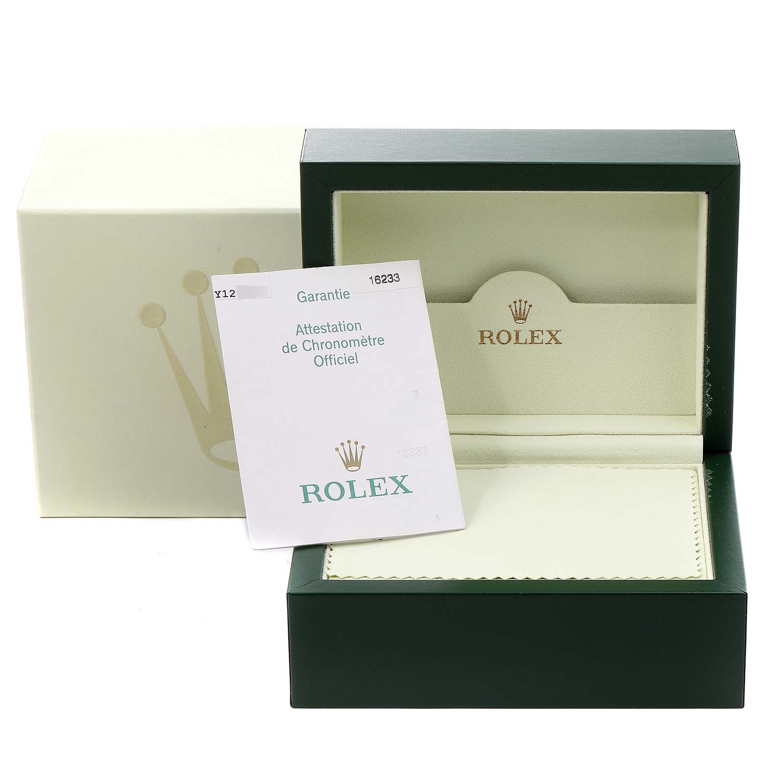 This image shows a Rolex Datejust 16233 Men
s Steel and Gold (two tone) Grey Dial 16233 Men
s Steel and Gold (two tone) Grey Dial box open at an angle, with the warranty card and packaging visible.
