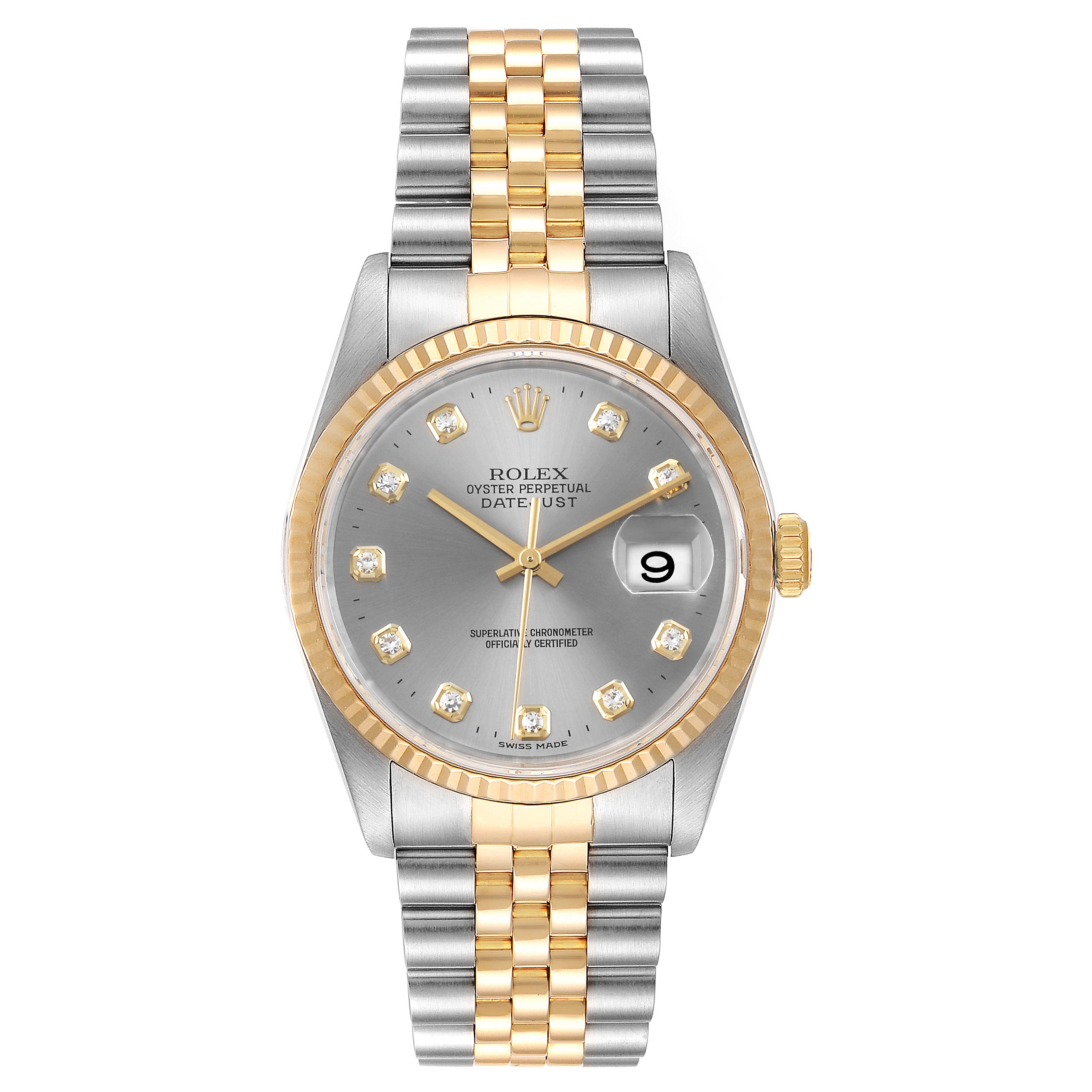 The image shows a Rolex Datejust 16233 Men
s Steel and Gold (two tone) Grey Dial 16233 Men
s Steel and Gold (two tone) Grey Dial watch from a front angle, featuring a two-tone bracelet, gold fluted bezel, and grey dial with diamond markers.