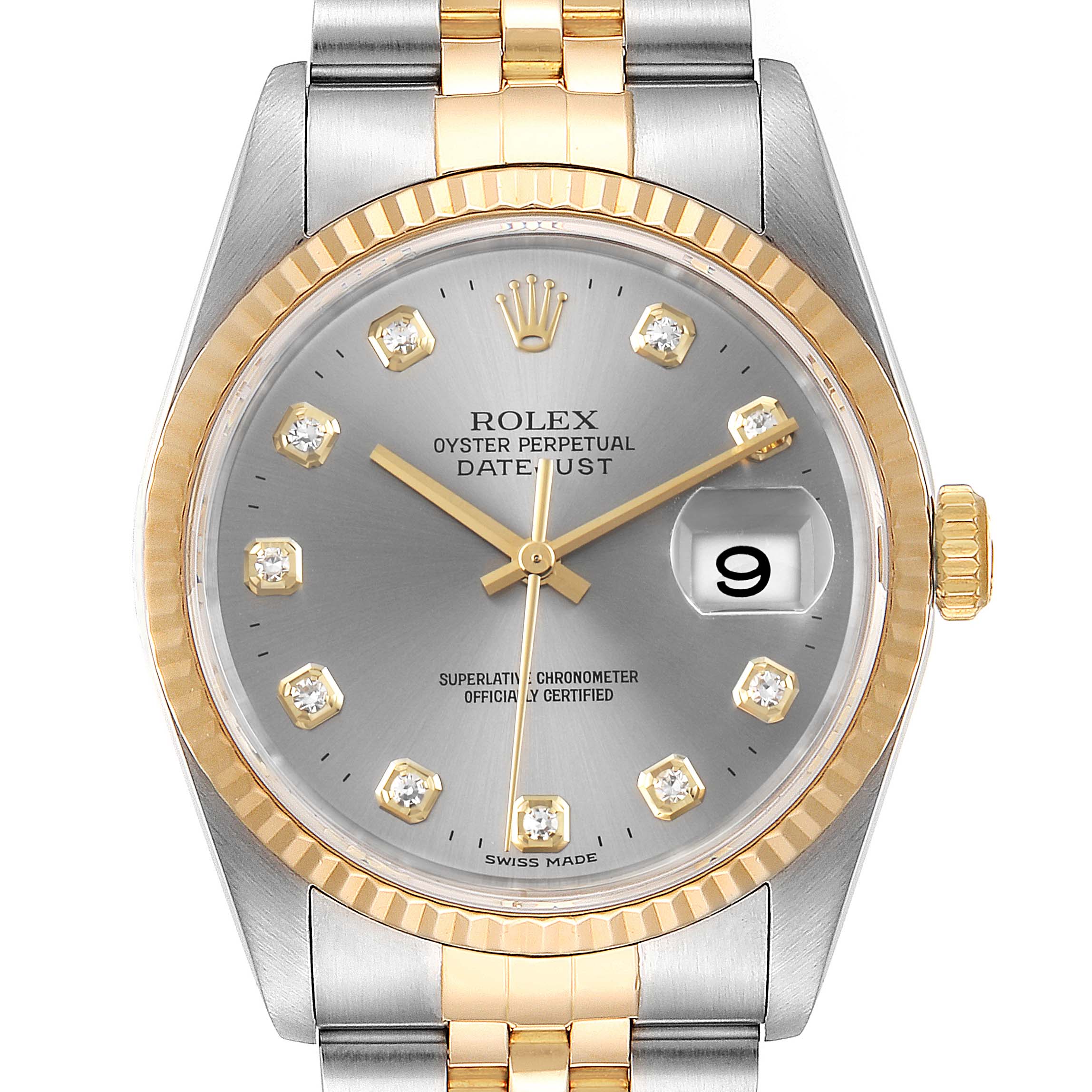 The image shows a frontal view of the Rolex Datejust 16233 Men
s Steel and Gold (two tone) Grey Dial 16233 Men
s Steel and Gold (two tone) Grey Dial, highlighting the dial, bezel, hands, and part of the bracelet.